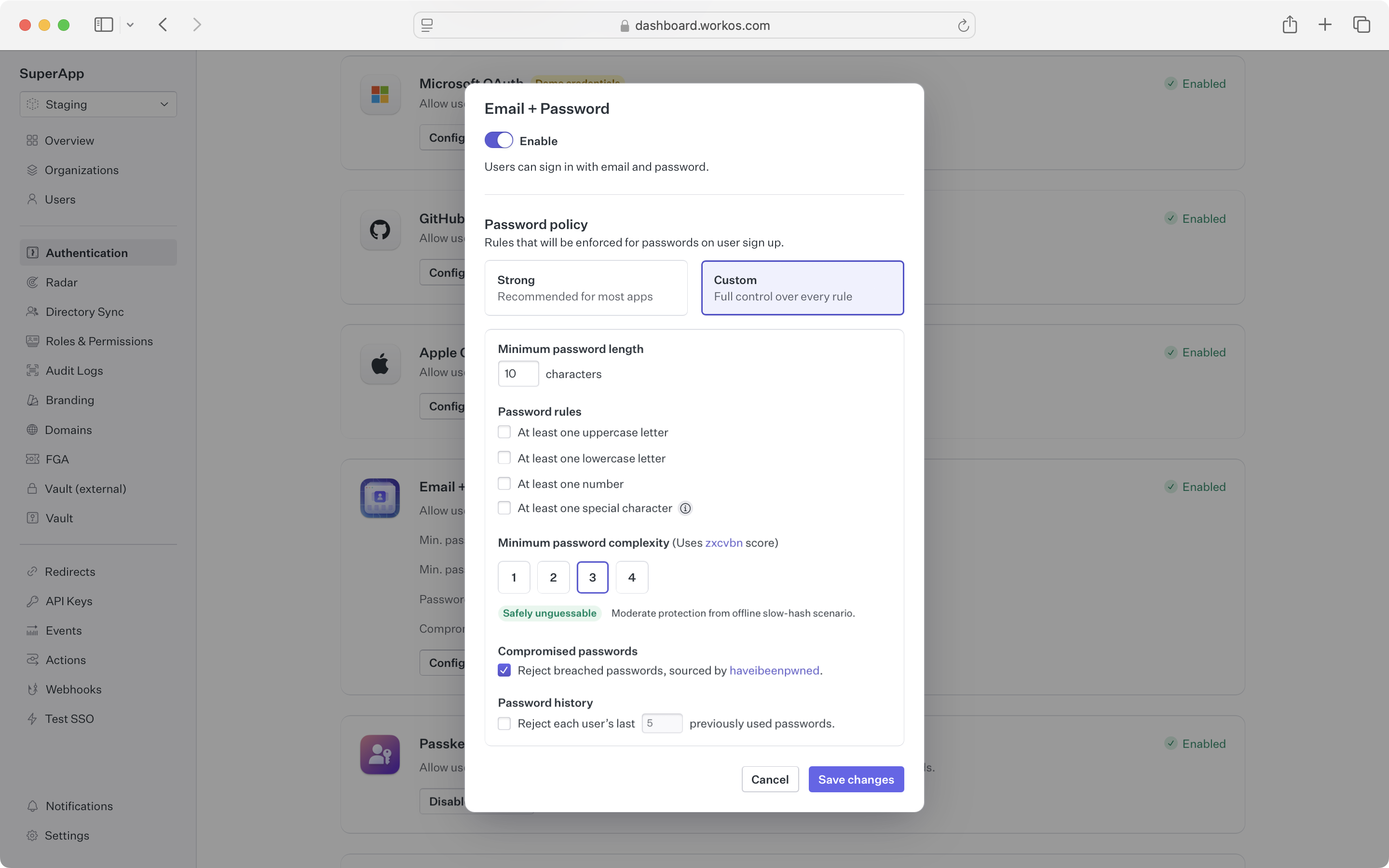 Dashboard password strength policy