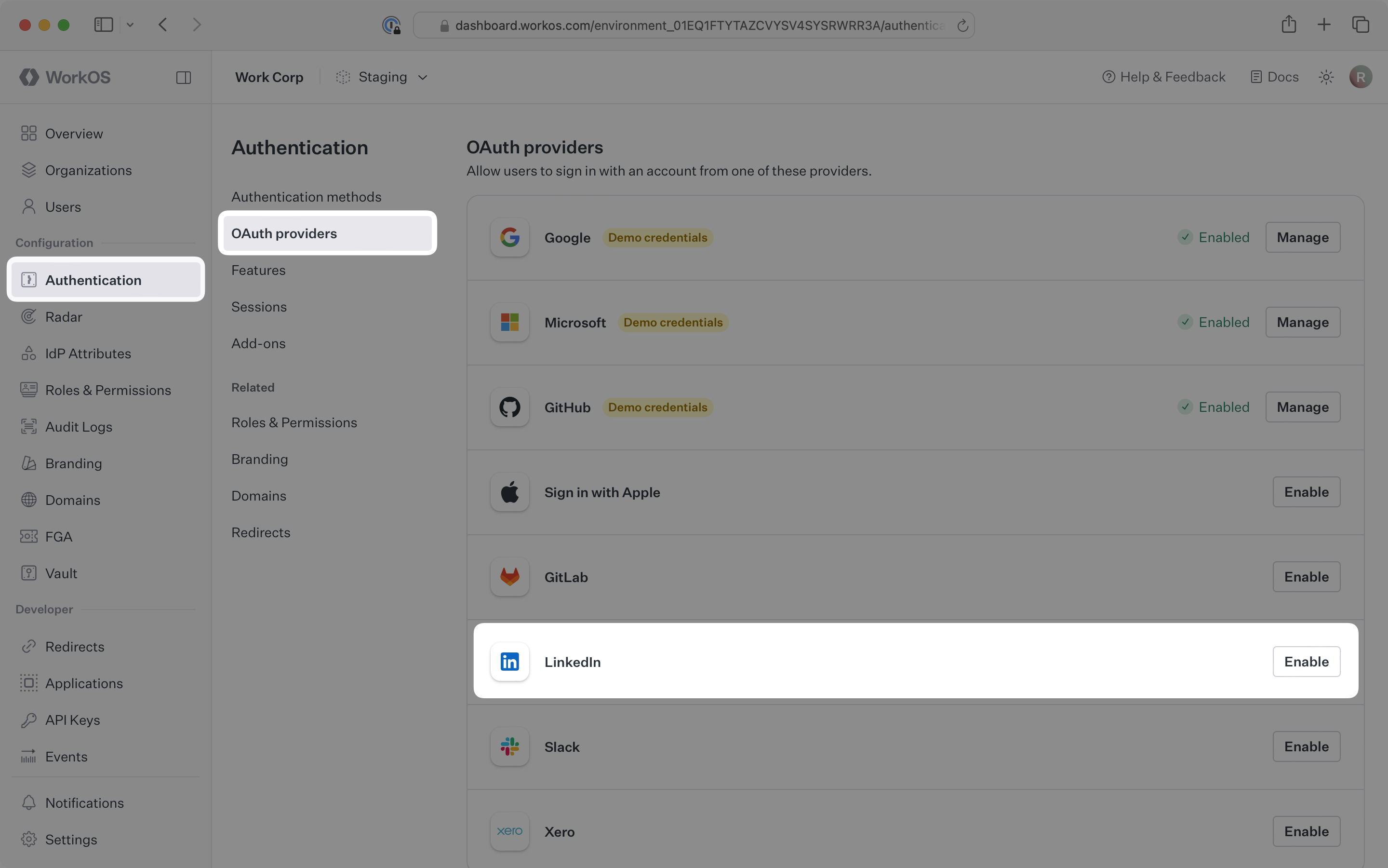 The LinkedIn OAuth section in the WorkOS Dashboard.