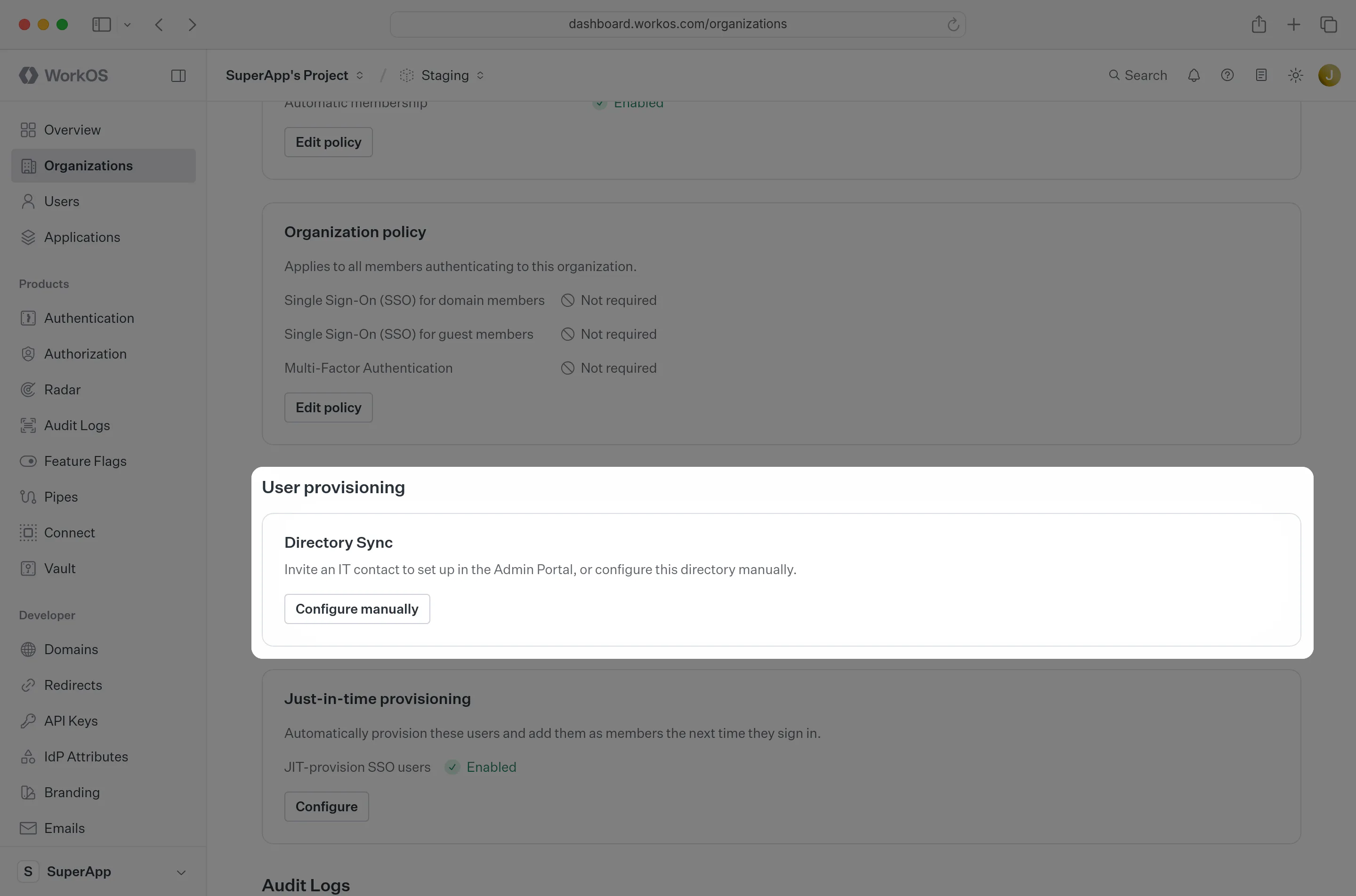 A screenshot showing where to find “Manually Configure Directory” button for an organization in the WorkOS dashboard.