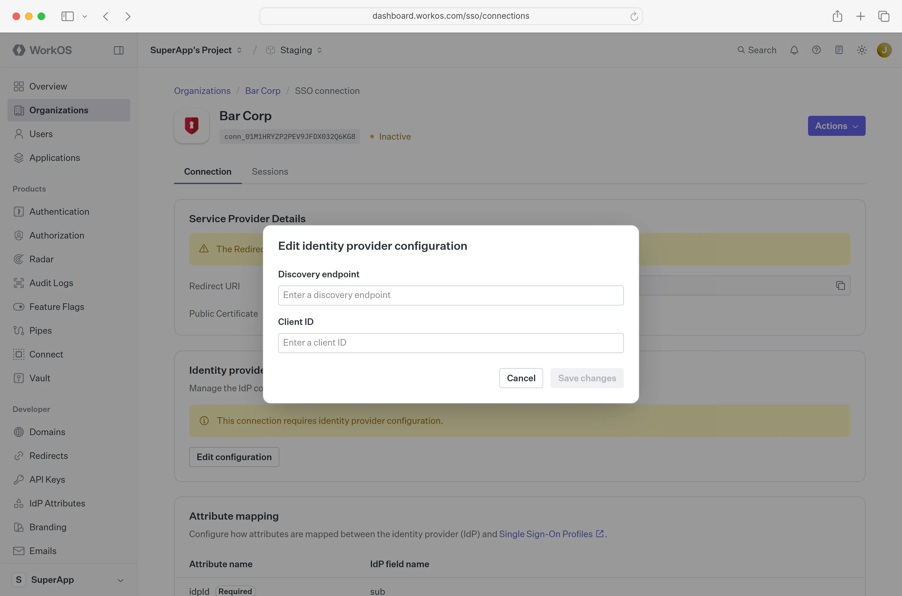A screenshot showing where to add the Client ID and Discovery Endpoint and Update Connection within the WorkOS Dashboard.