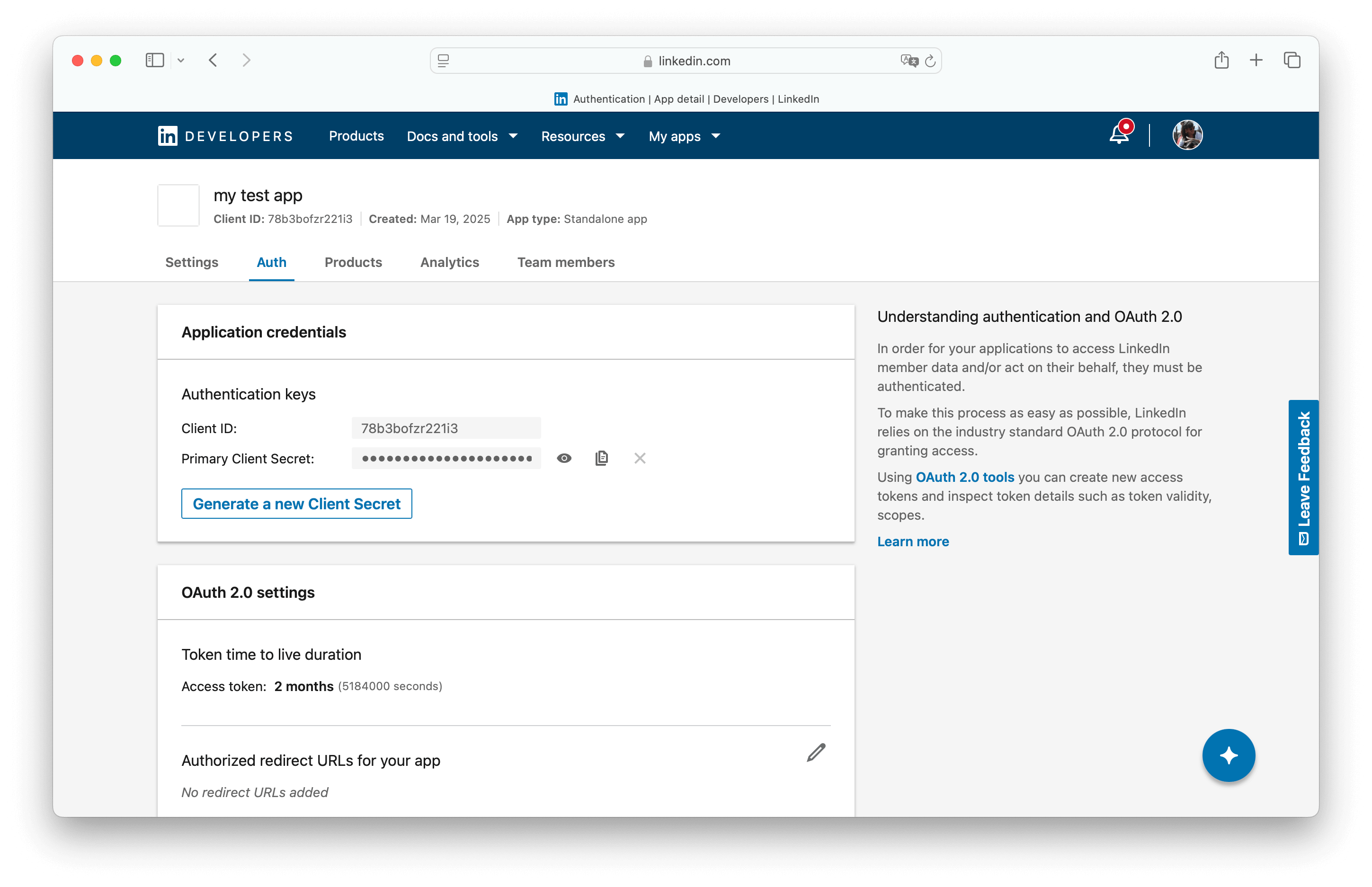 OAuth client credentials in the LinkedIn developer settings.