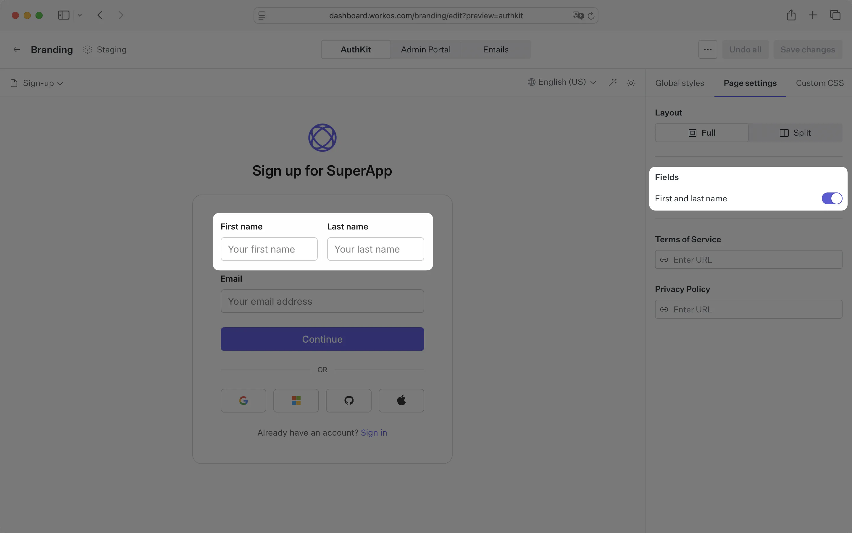 Sign-up fields in the brand editor