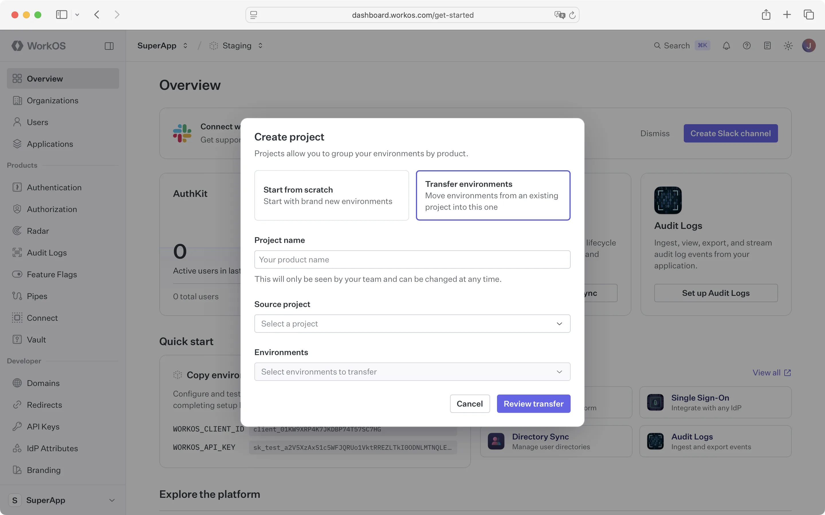 Create project by transferring dialog