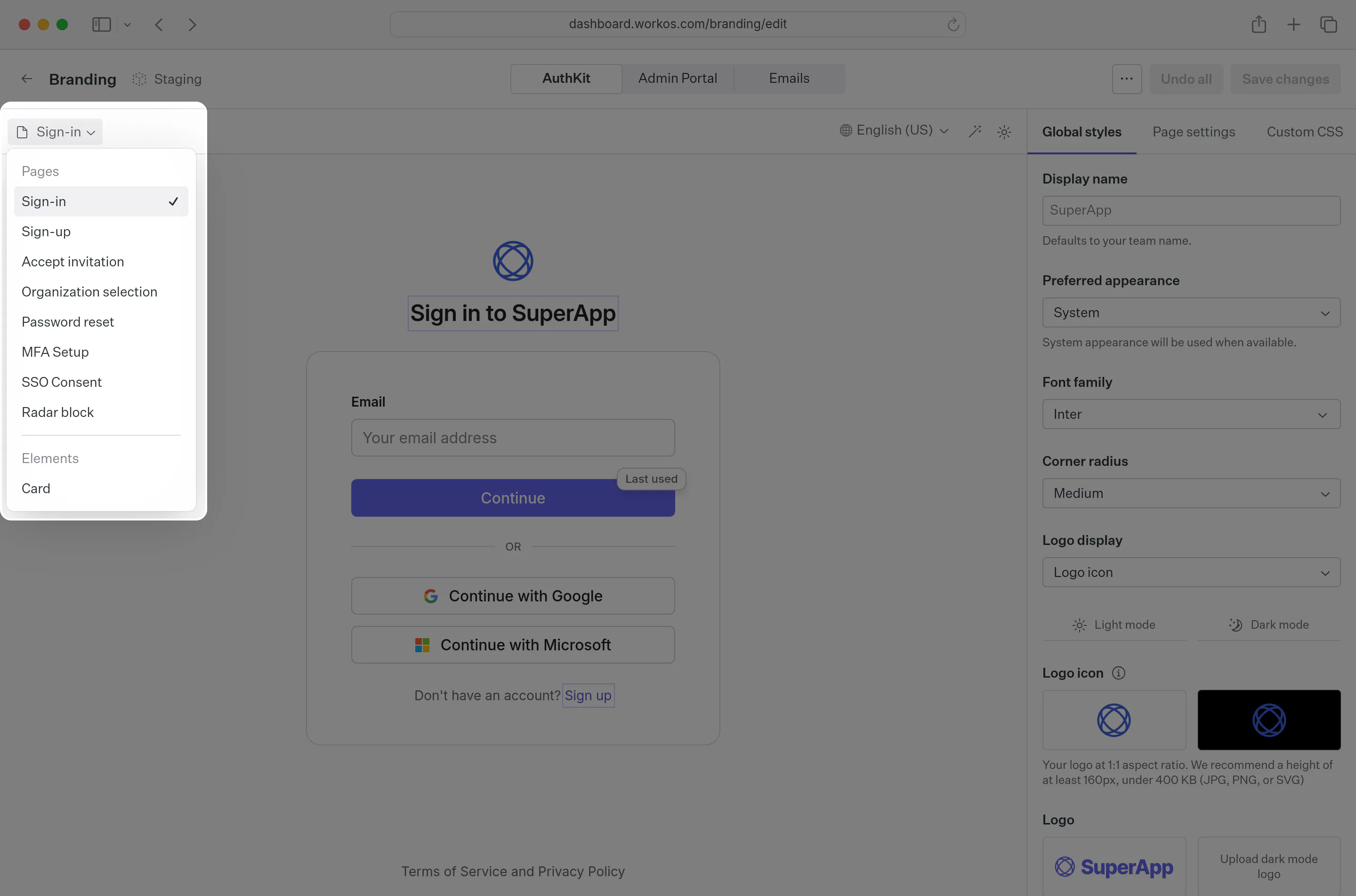 AuthKit page selector in the brand editor
