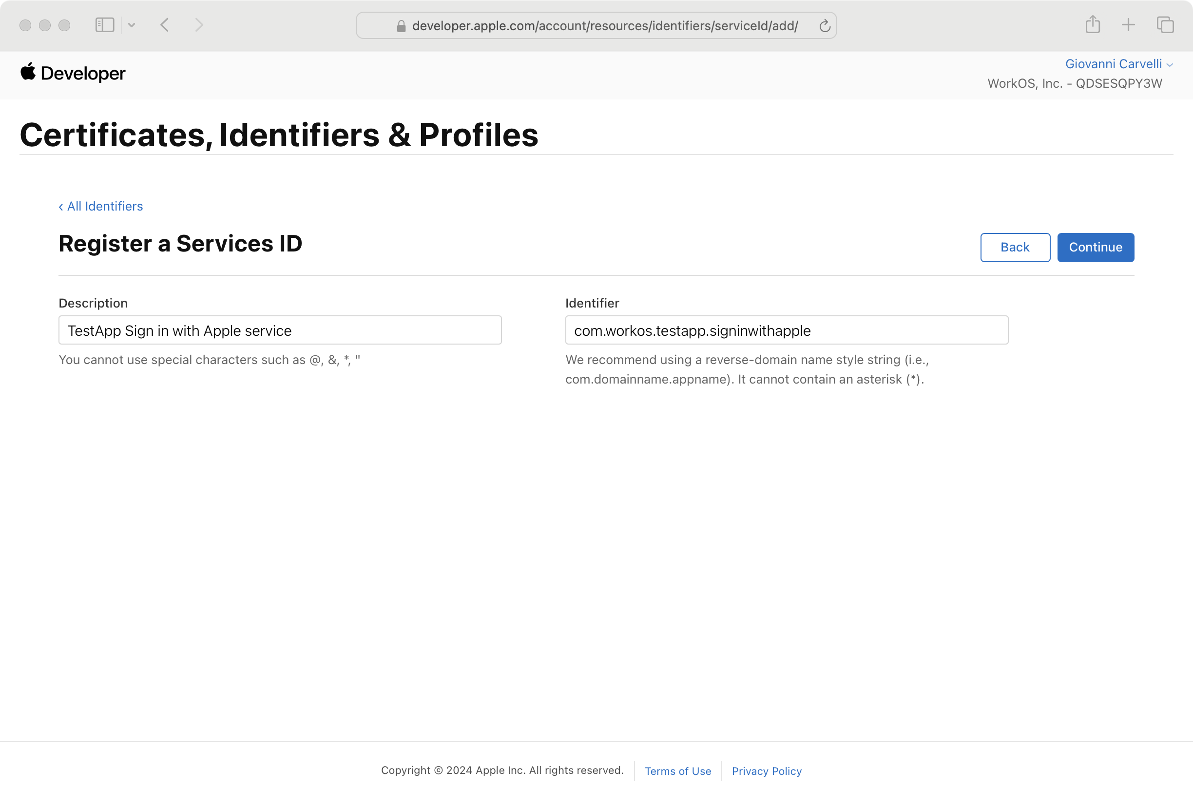 Second step in the Identifier creation wizard with placeholder Description and Service ID entered.