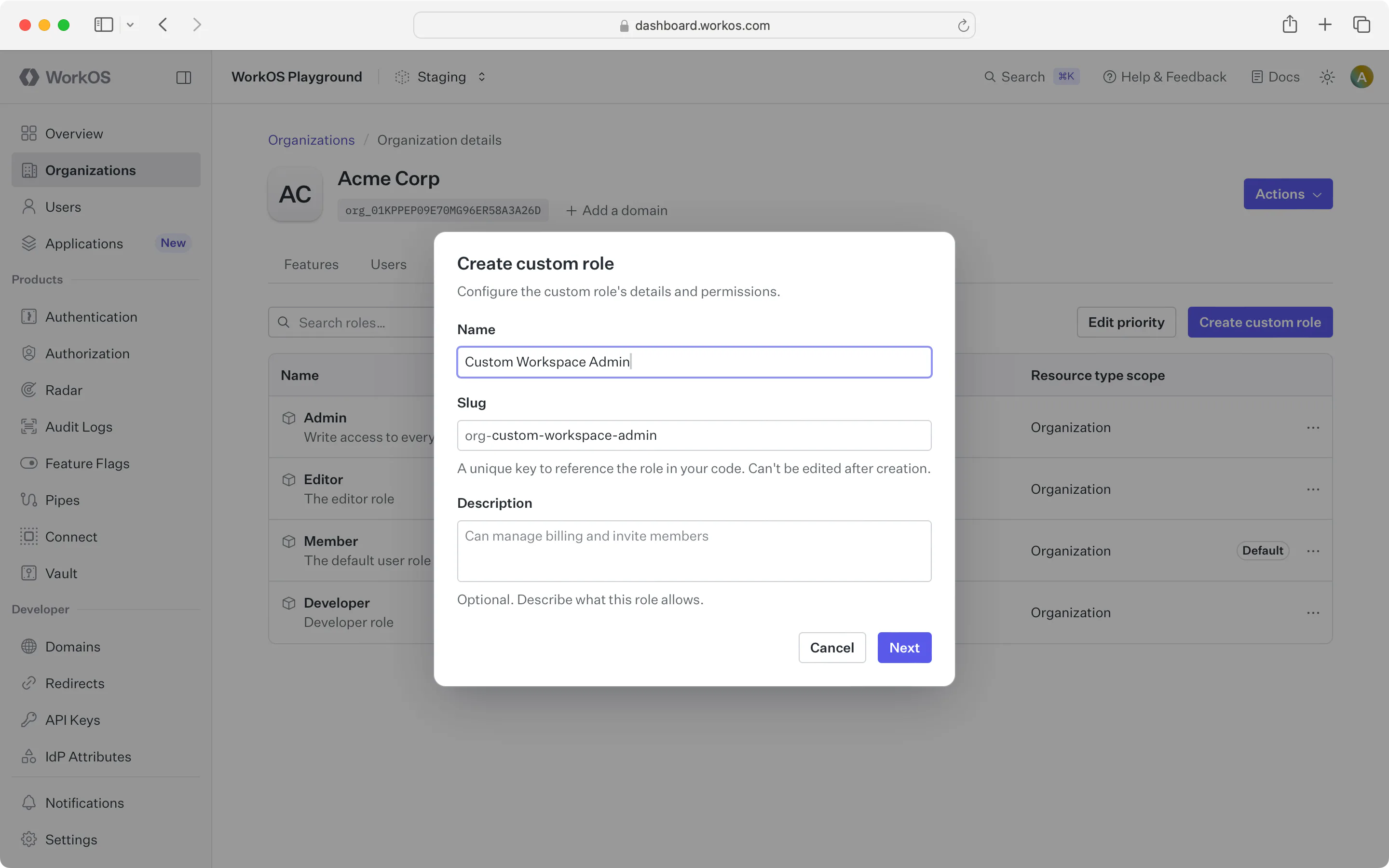 Create custom role details step