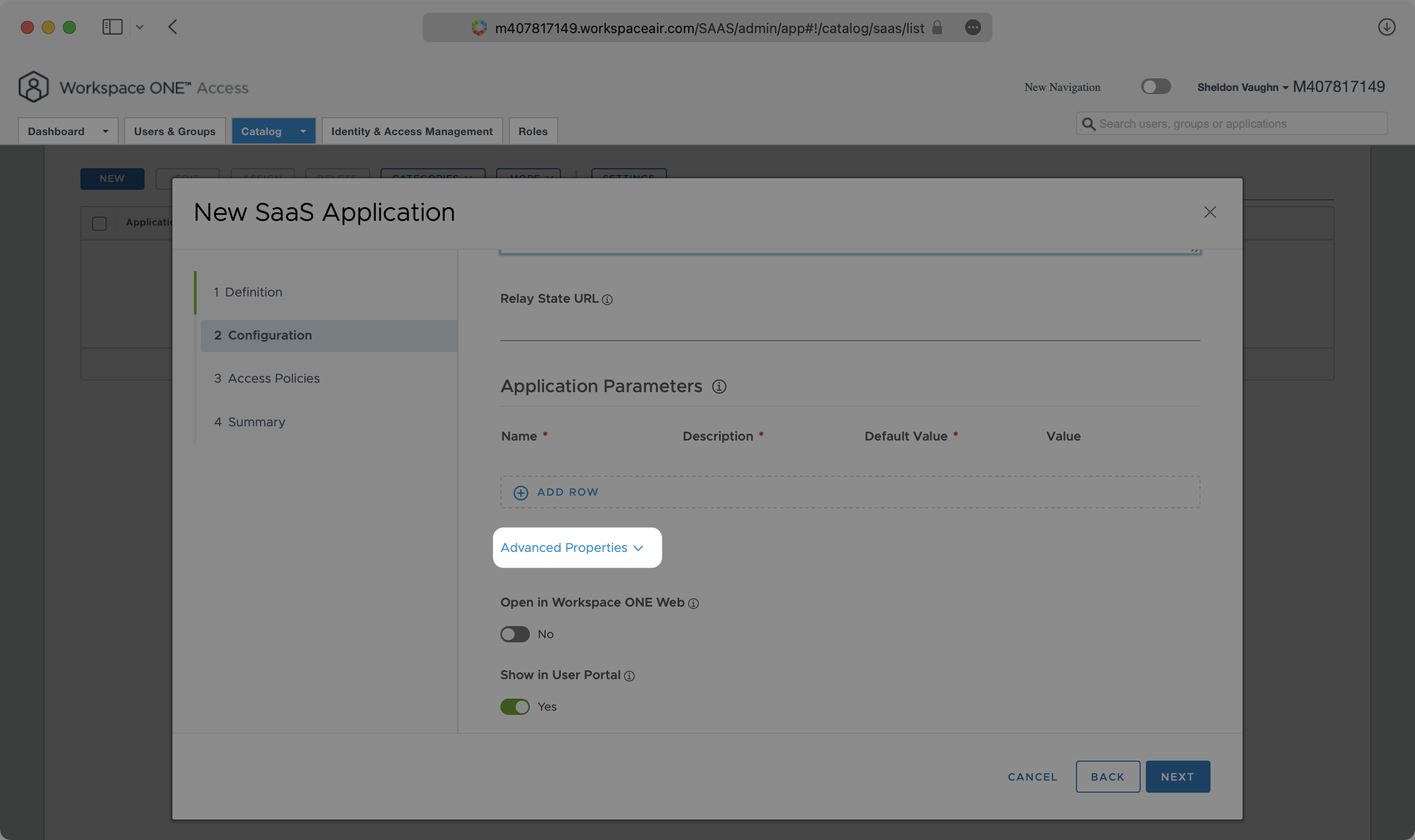 A screenshot showing where to find "Advanced Properties" dropdown in VMware application.