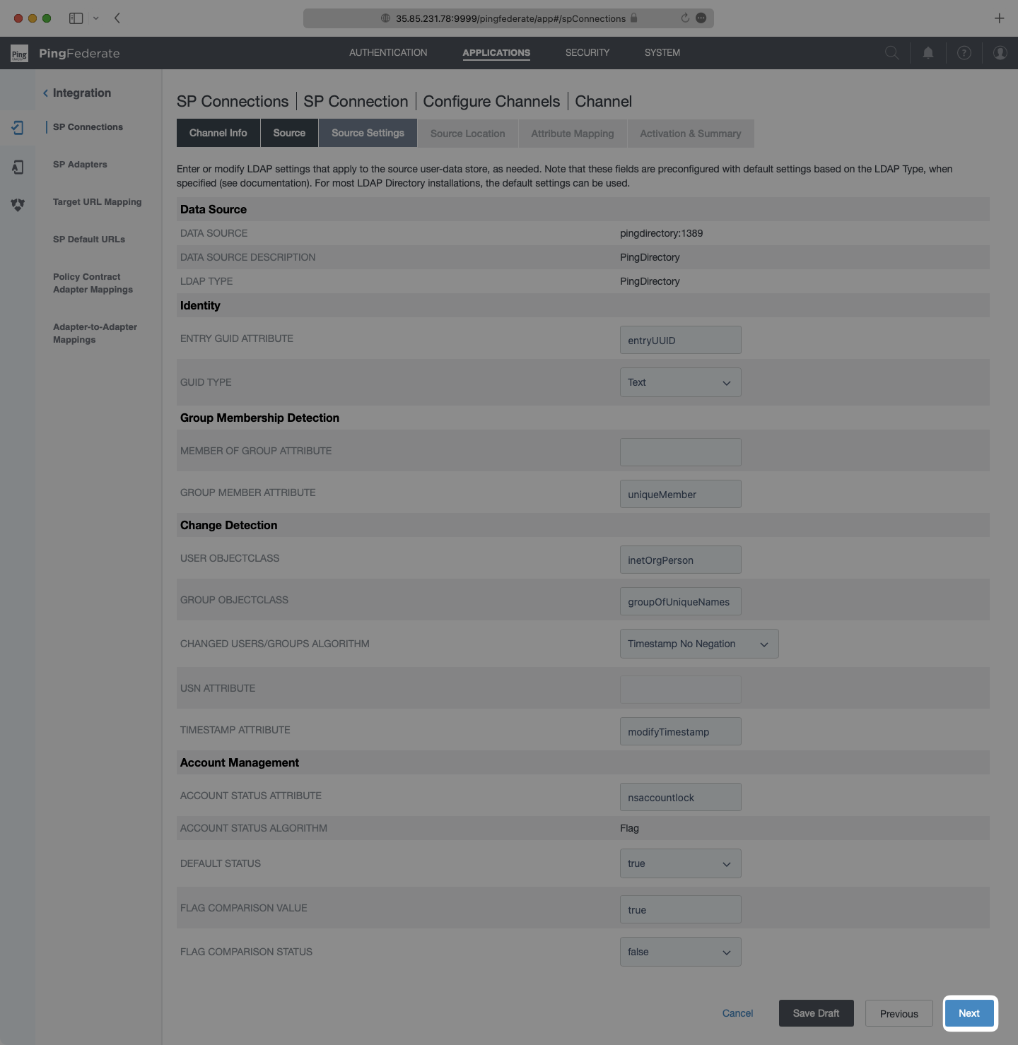 A screenshot showing where to configure the source settings in PingFederate.