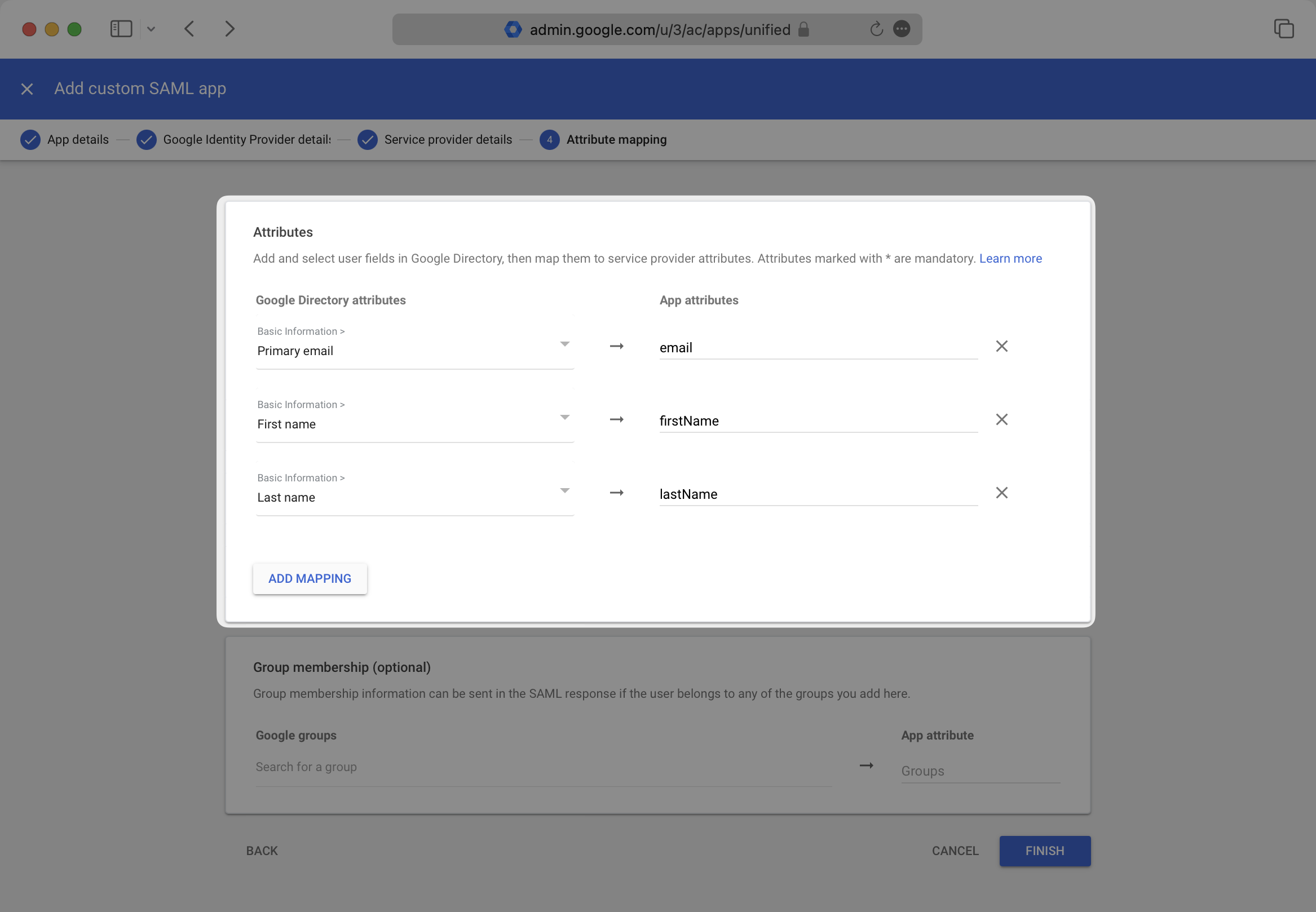 A screenshot showing completed Attribute Mappings in the Google Dashboard.