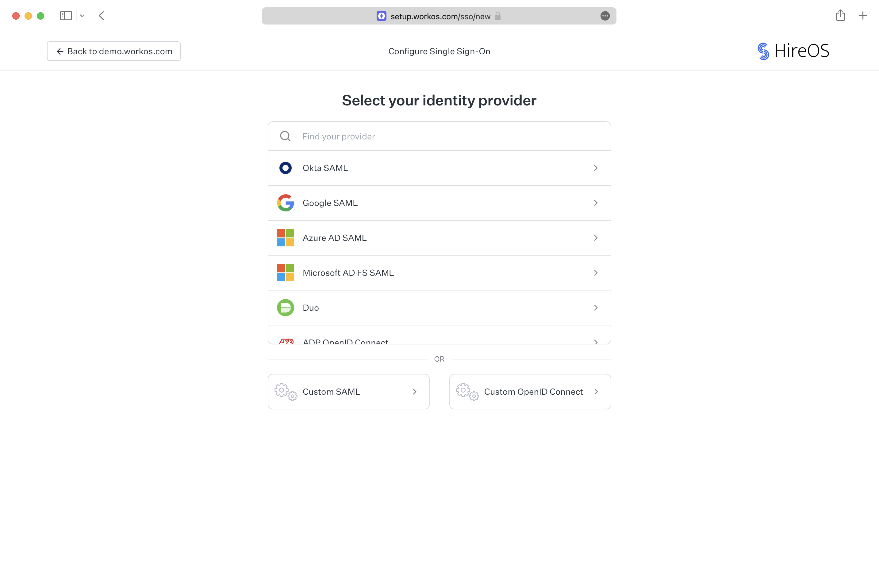 A screenshot showing the IdP selection in the WorkOS Admin Portal.