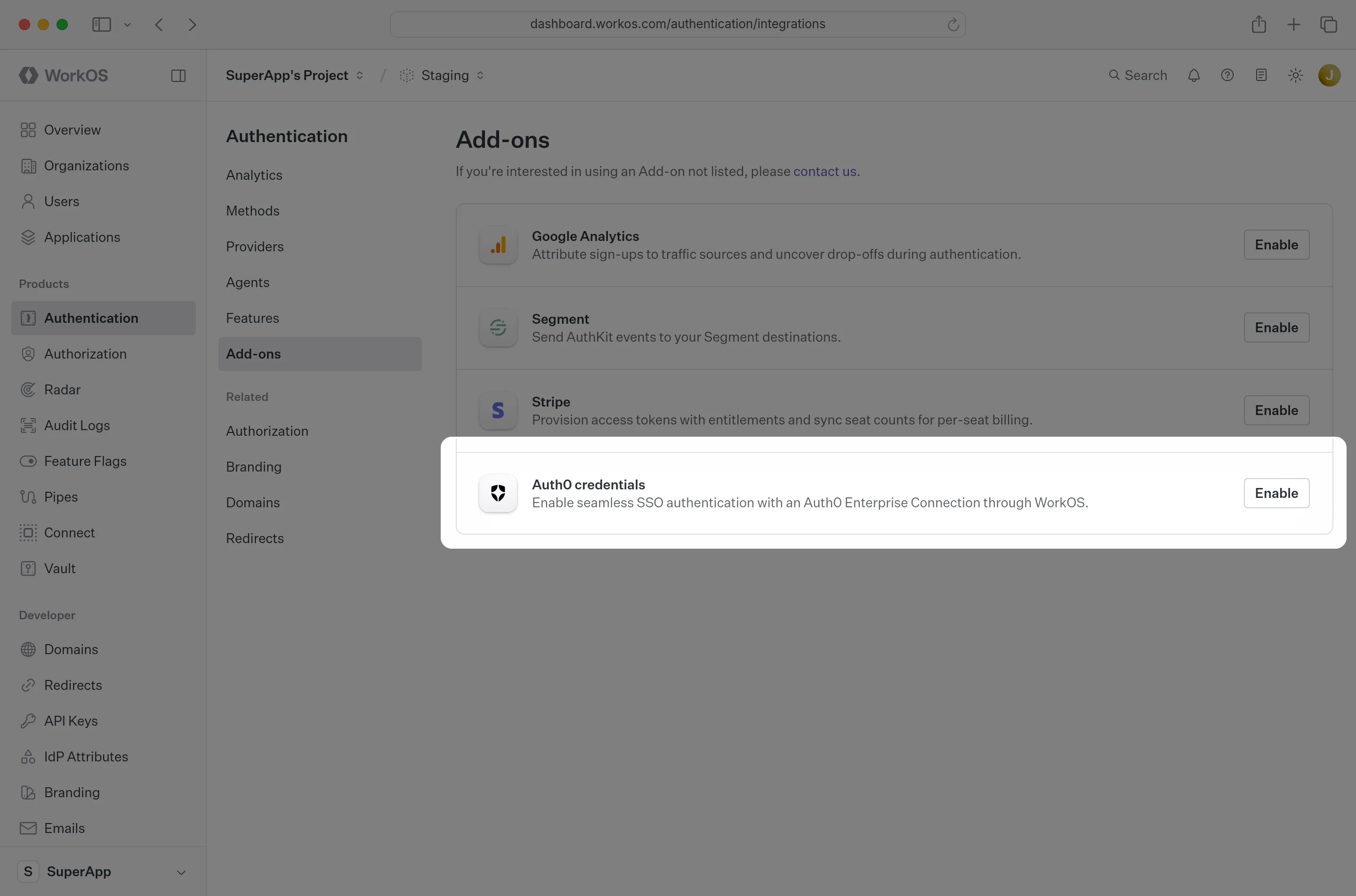A screenshot showing the “Auth0 Credentials” section in the WorkOS dashboard.