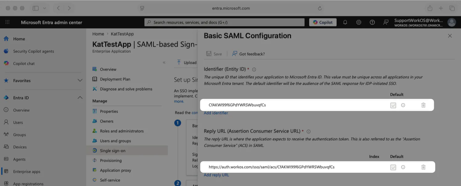 A screenshot showing where to input the WorkOS ACS URL and WorkOS Entity ID in the Entra dashboard.