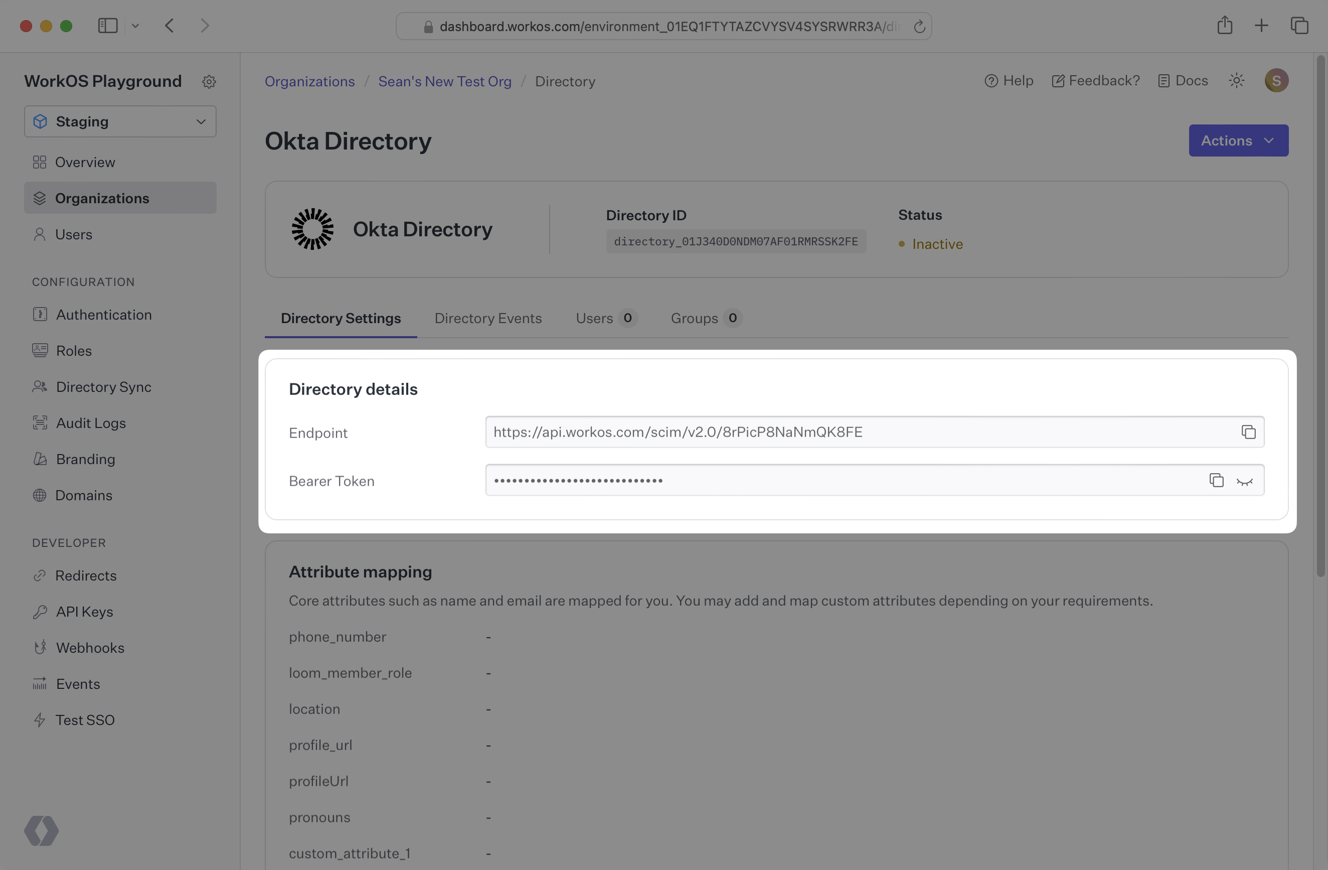 A screenshot showing the Okta directory details in the WorkOS dashboard.