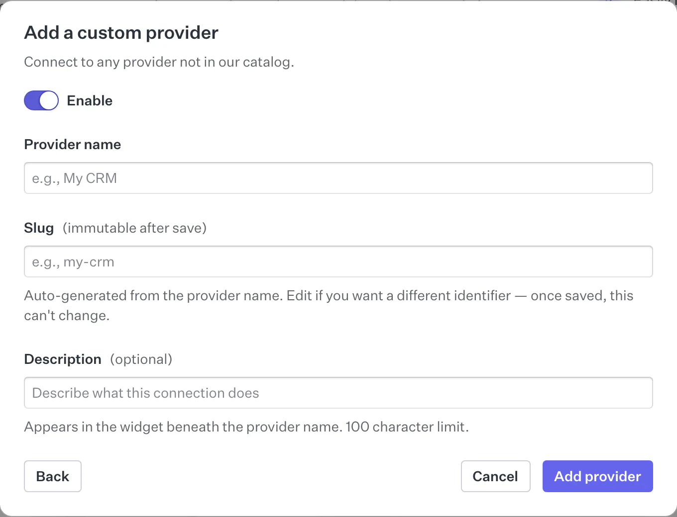 The custom provider form for an API key provider, showing only the provider name, slug, and description fields.