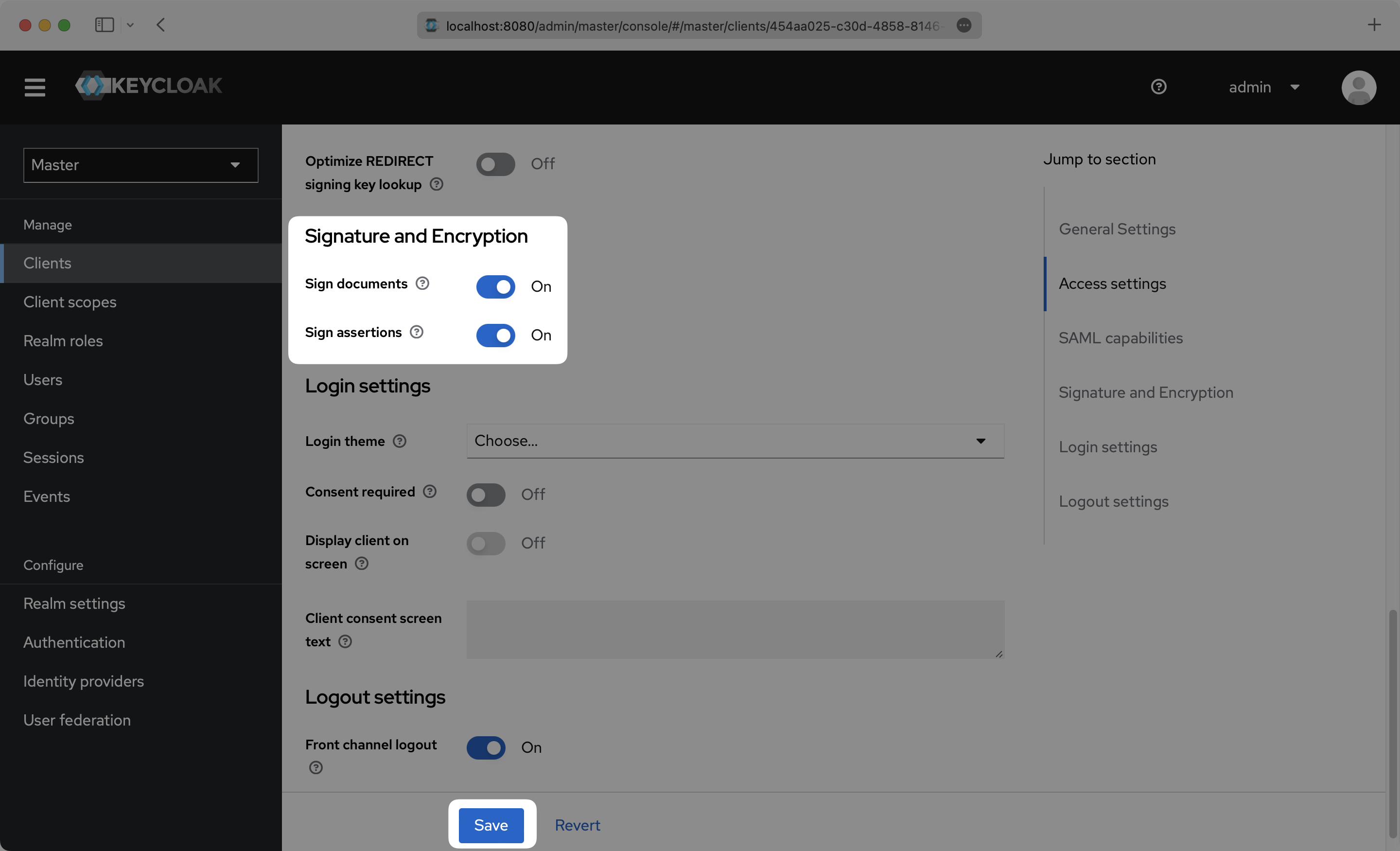 A screenshot highlighting the "Sign documents" and "Sign assertions" toggles switched on in the Keycloak dashboard.