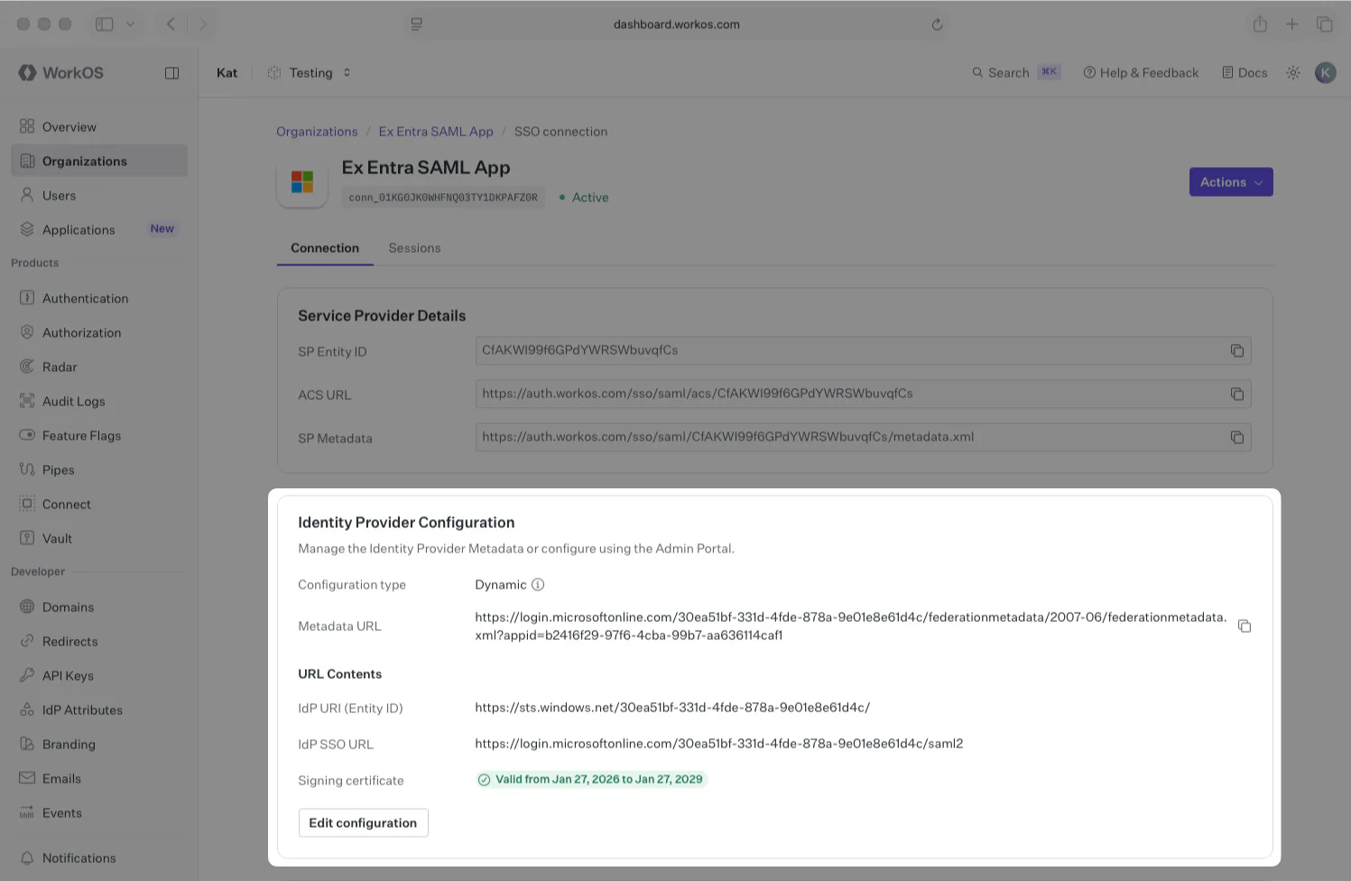 A screenshot showing an active Entra SAML connection in the WorkOS dashboard.