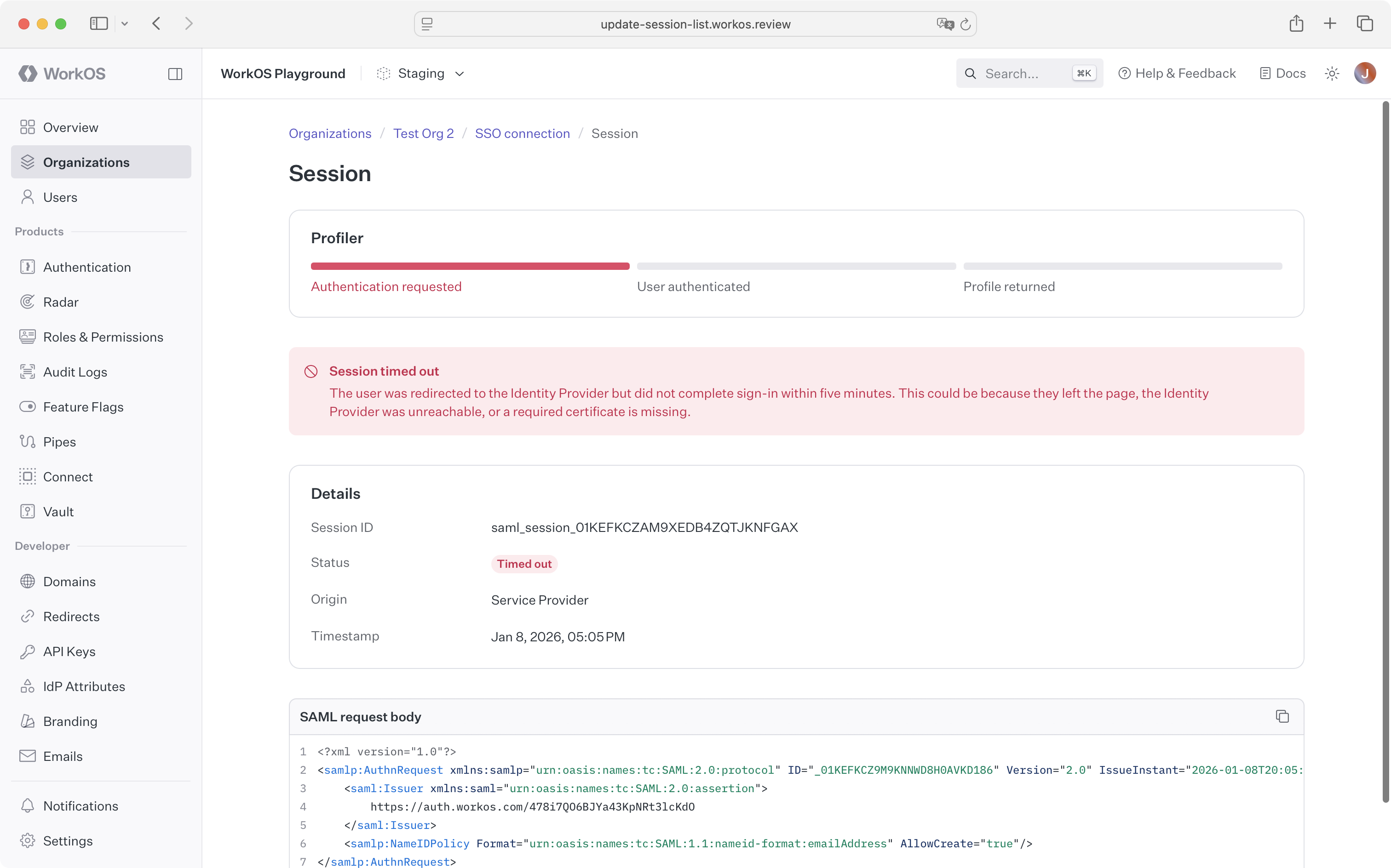 A screenshot showing the "Session Details" within the WorkOS Dashboard SSO screen.