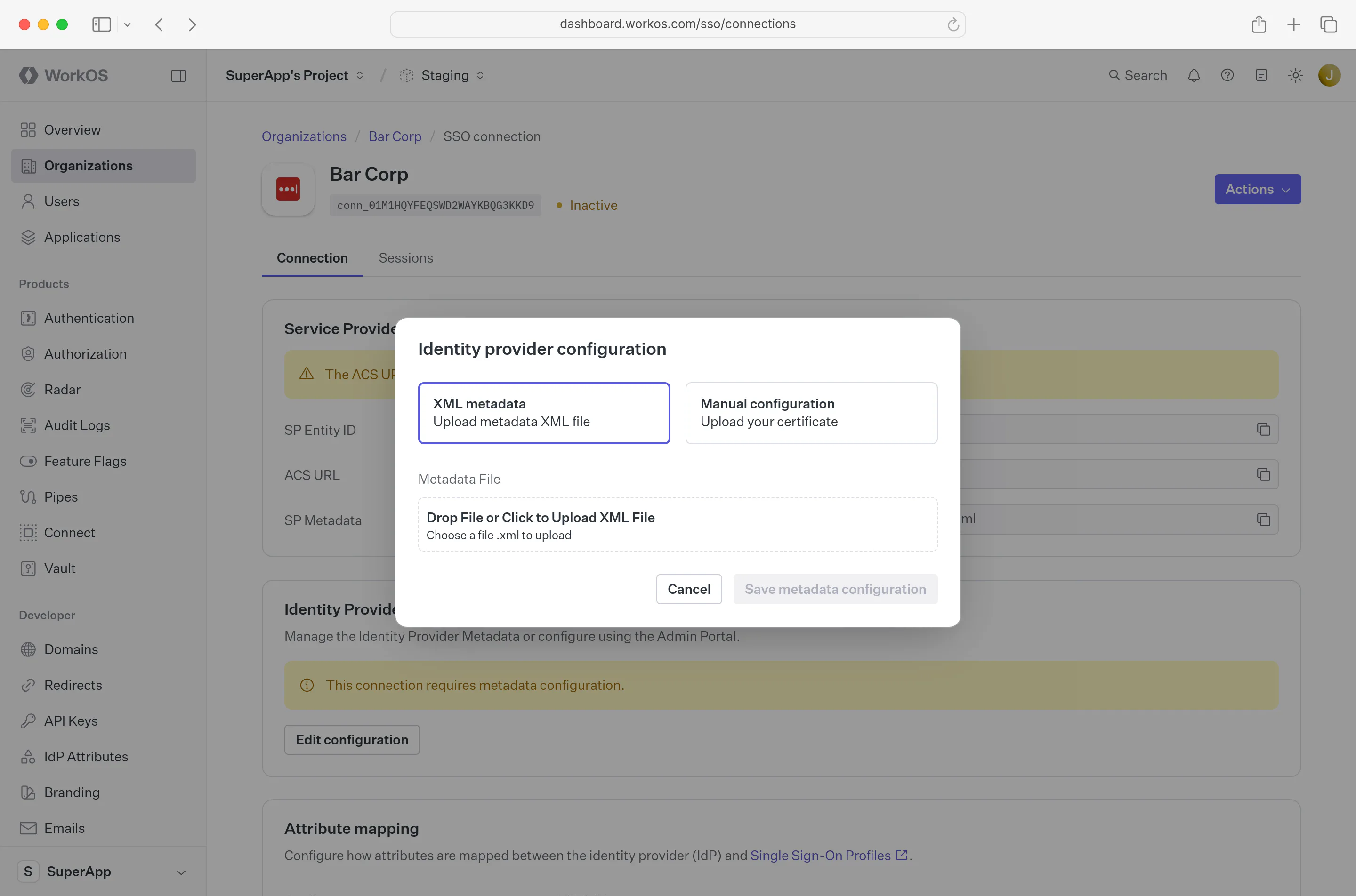 A screenshot showing a successful upload of the Metadata File in WorkOS Dashboard.