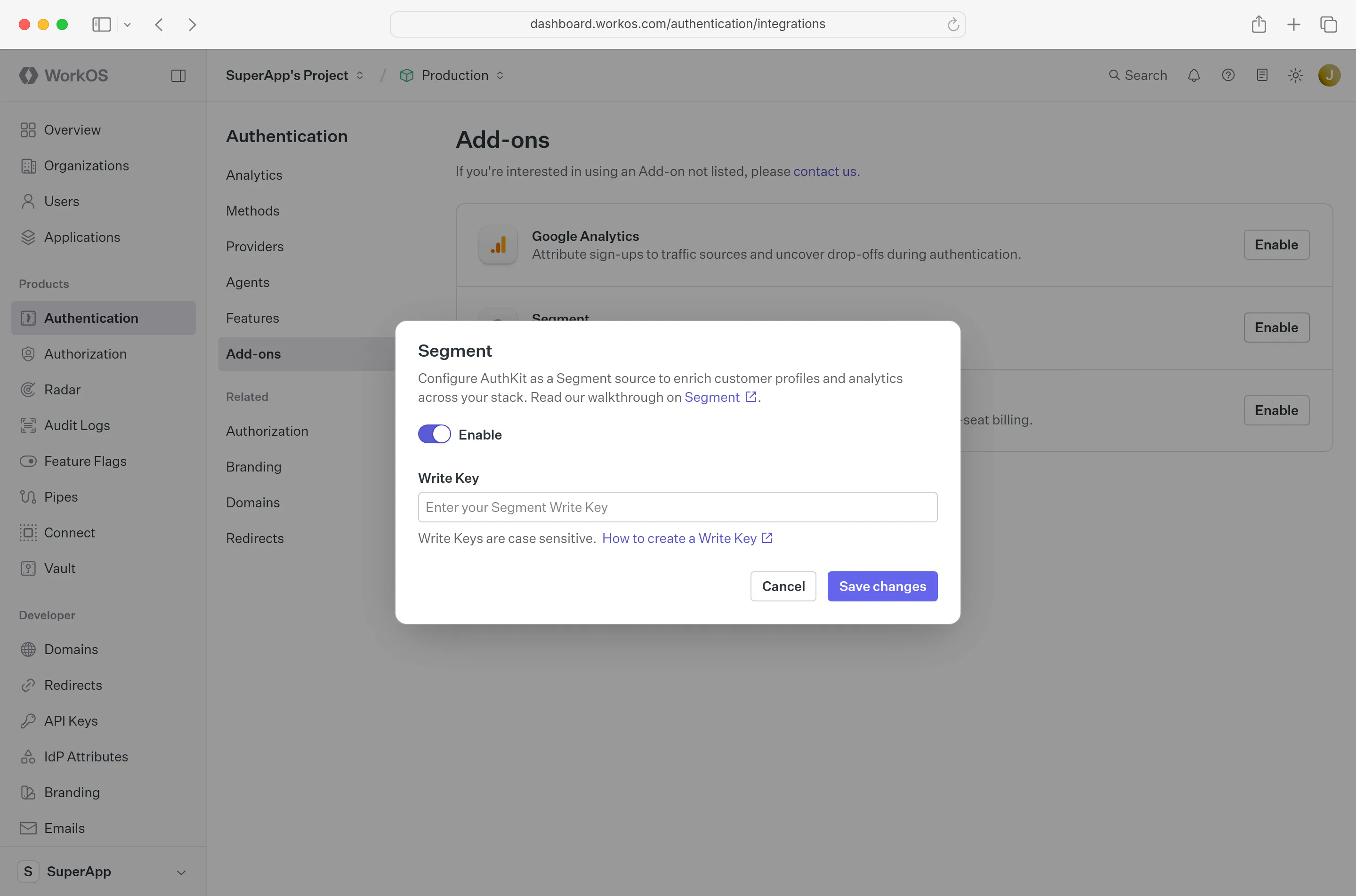 Segment modal containing a Write Key field in the WorkOS Dashboard