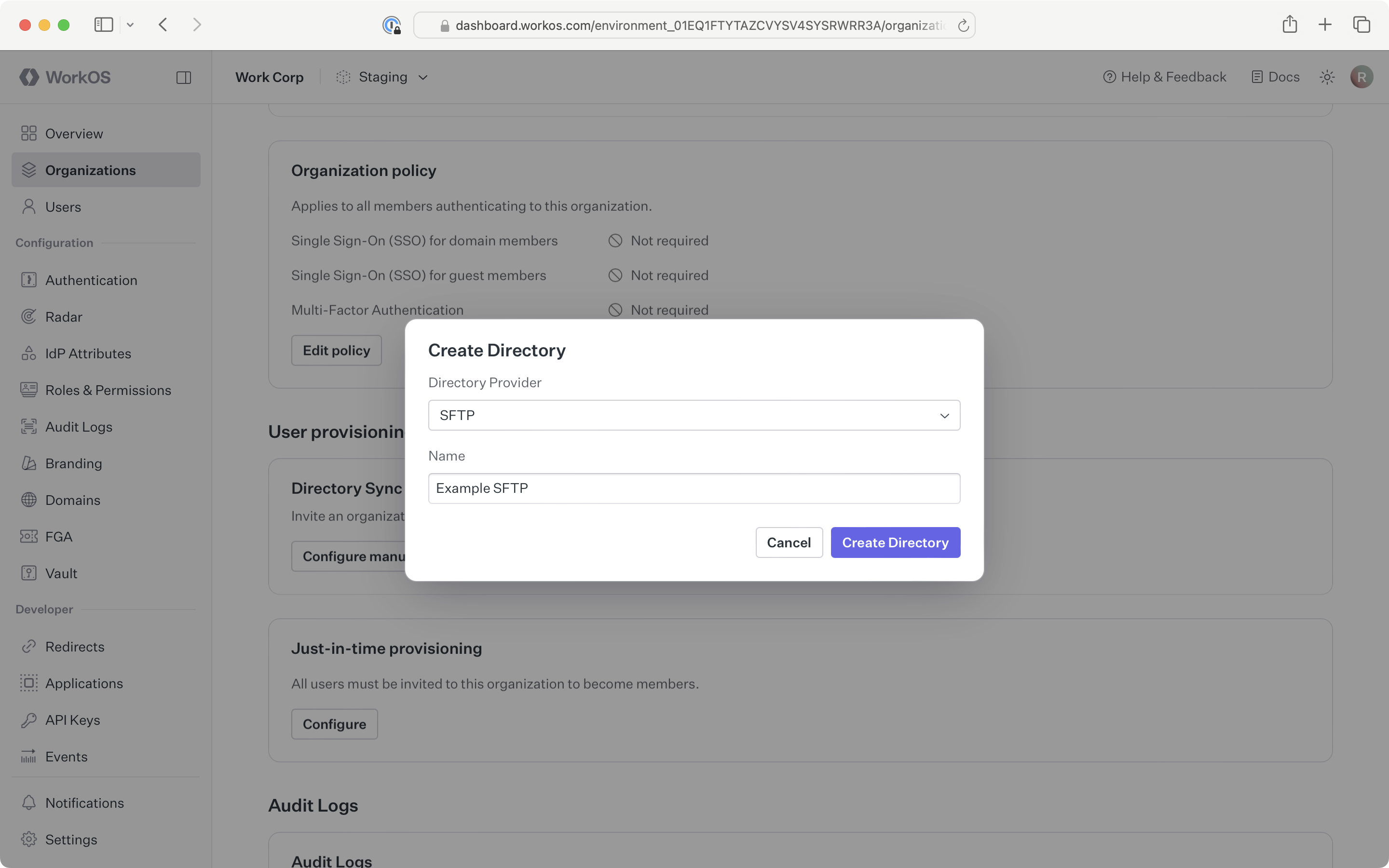The WorkOS Dashboard with a create directory dialog