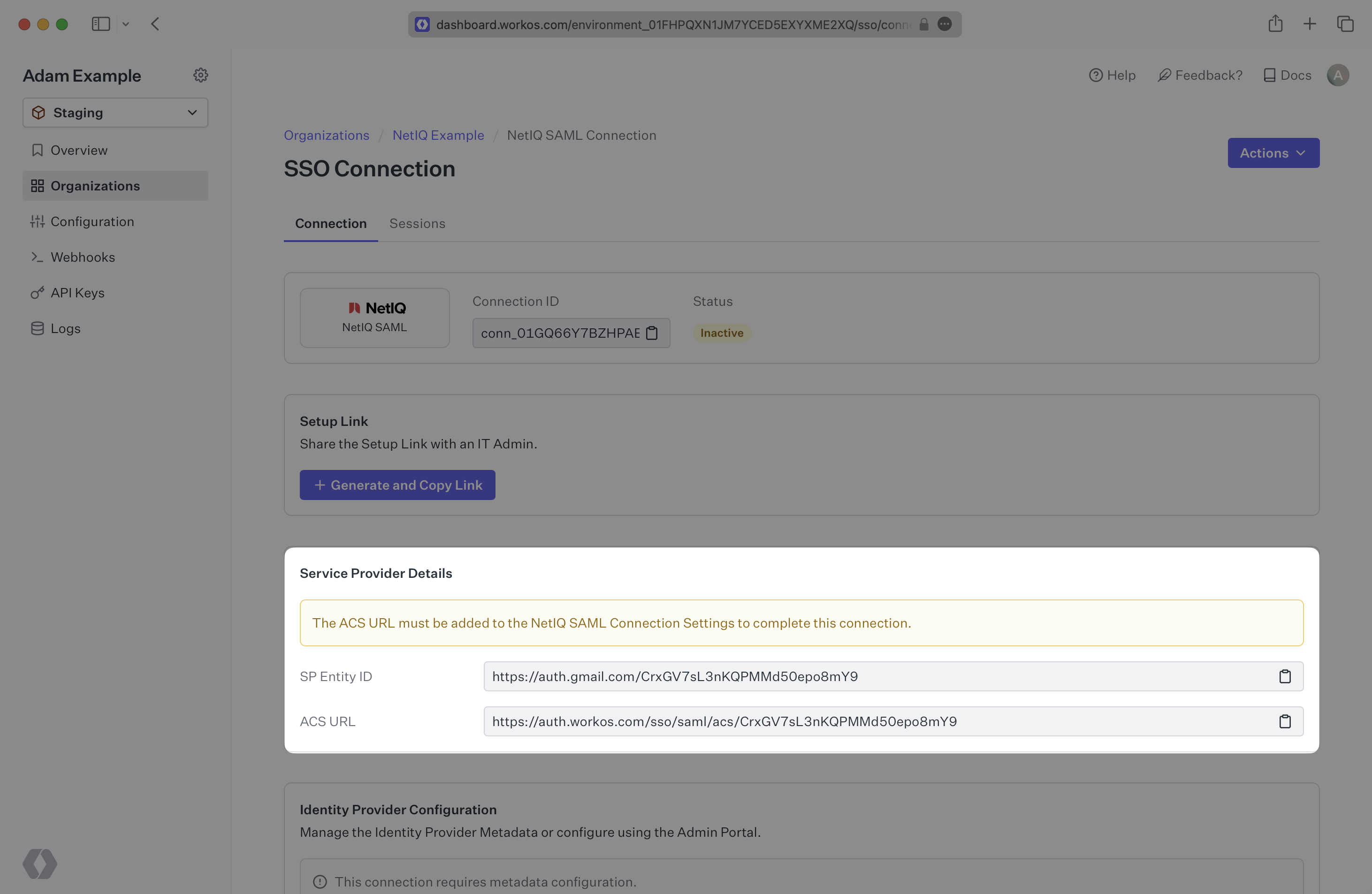 A screenshot showing where to find the ACS URL and SP Entity ID in the WorkOS Dashboard.