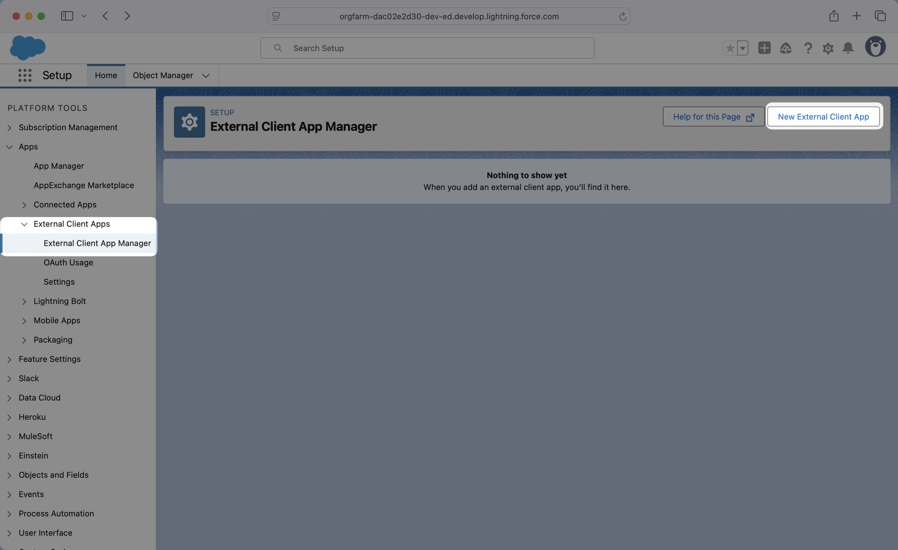 The New External Client App button in Salesforce