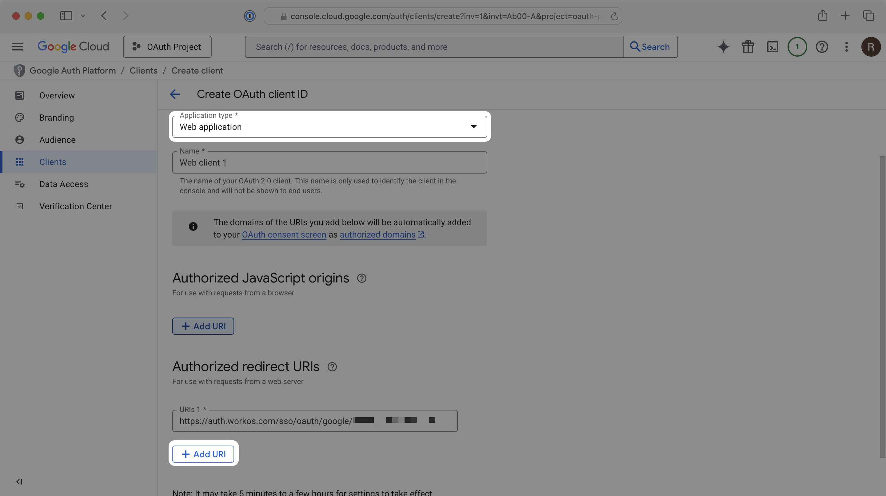 Where to enter your WorkOS Redirect URI in the Google Cloud Platform Console Dashboard.