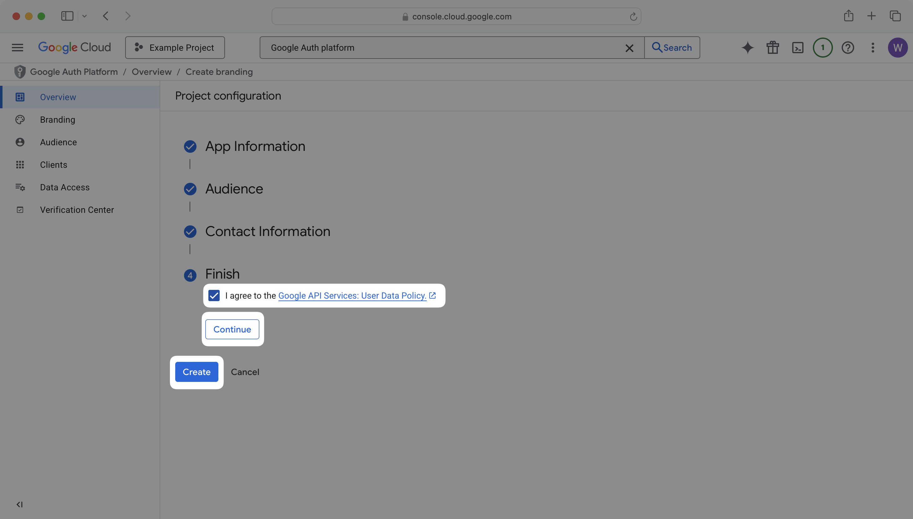 OAuth consent screen terms of service acceptance and Create button