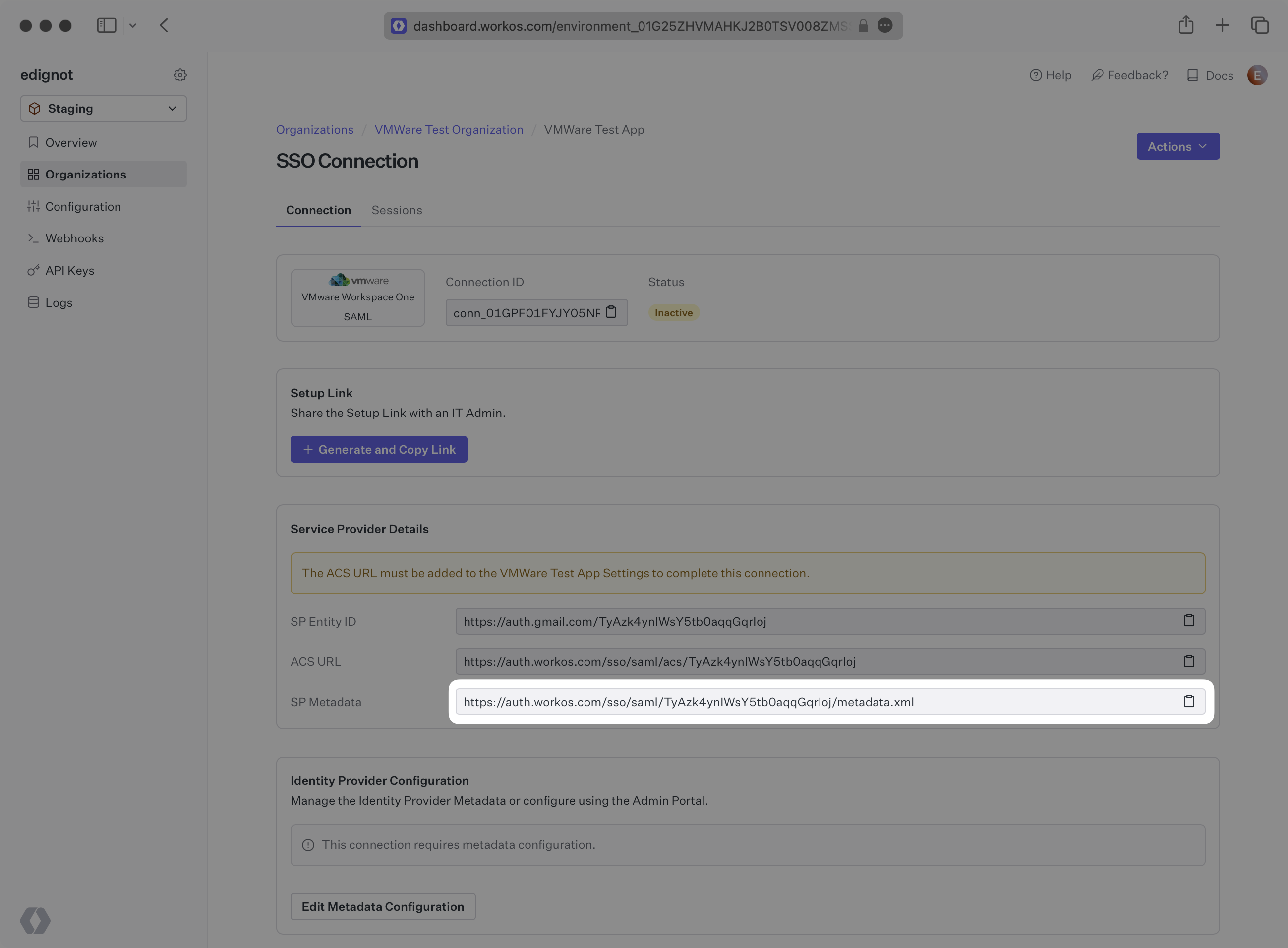 A screenshot showing where to find the SP Metadata in the WorkOS dashboard.