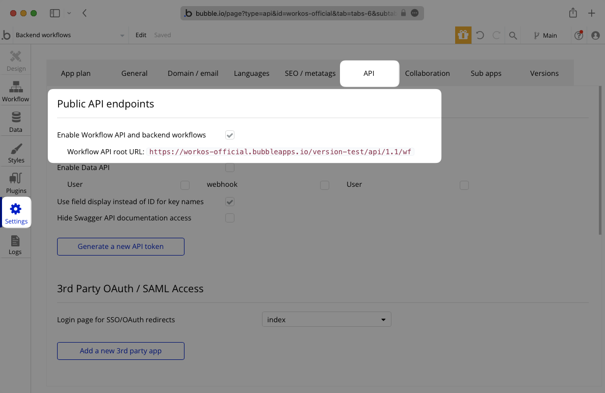 A screenshot showing how enable backend workflows in Bubble.