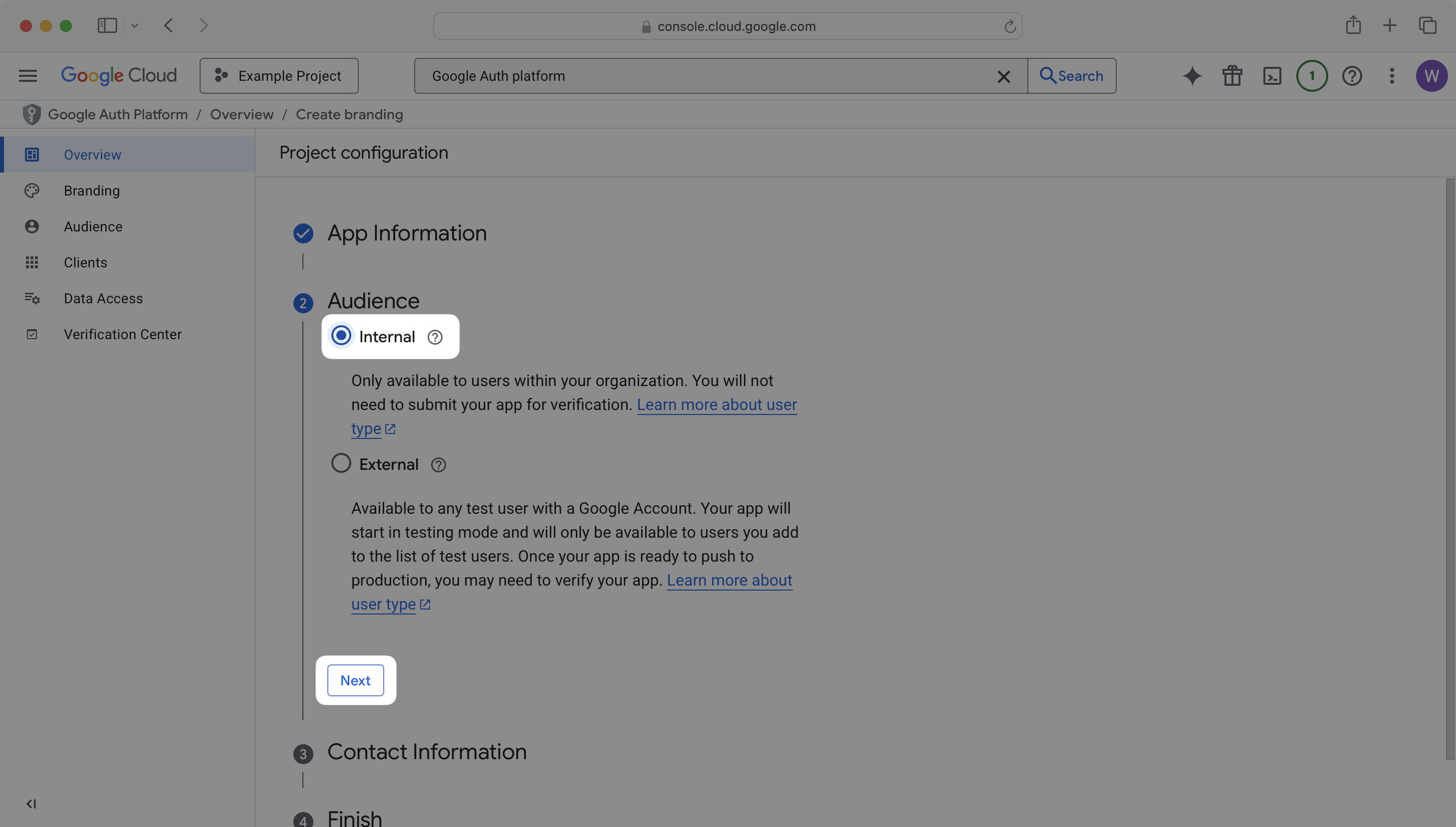 OAuth consent screen Audience step with Internal option selected