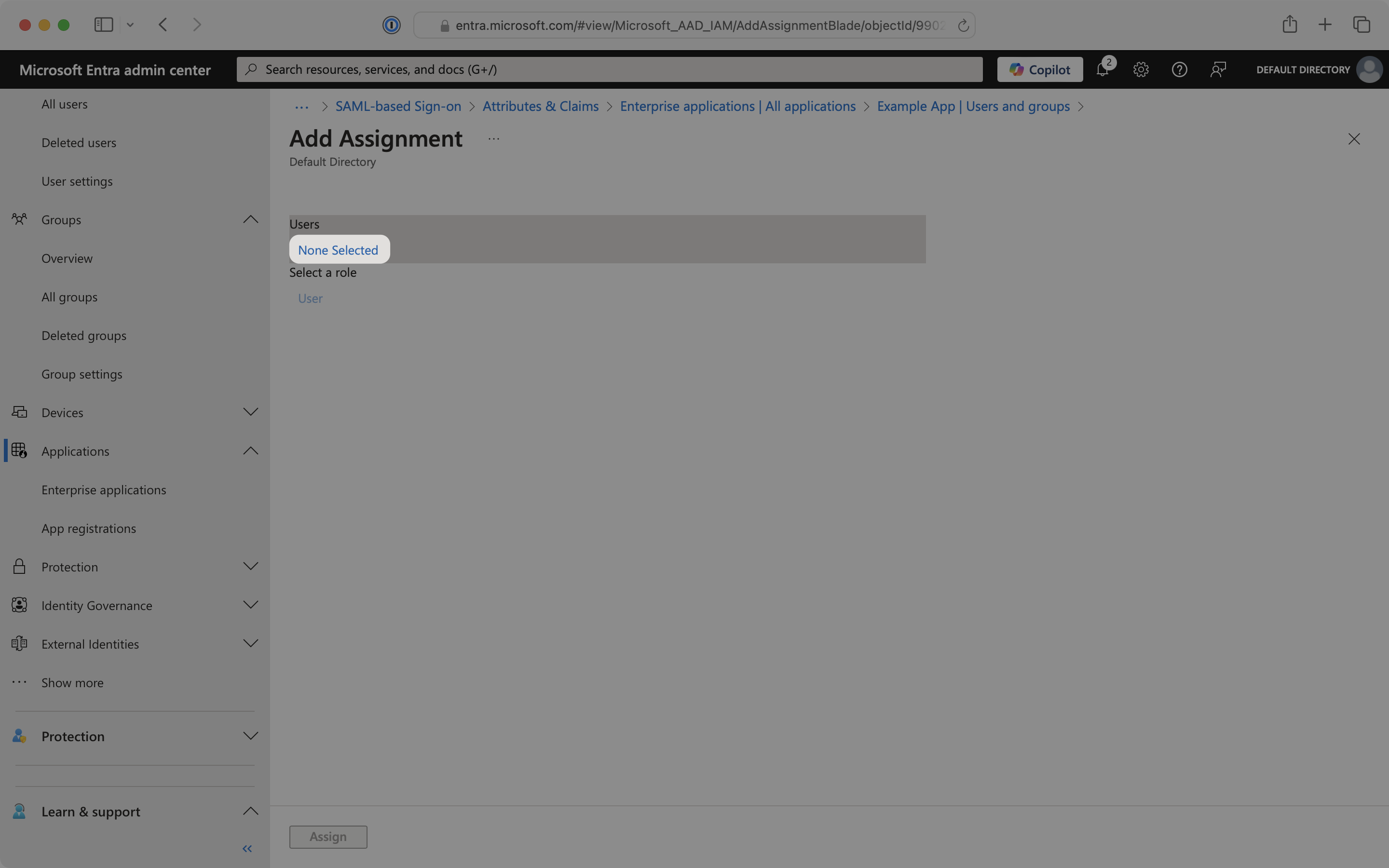 User and group assignment interface with selection options and Assign button