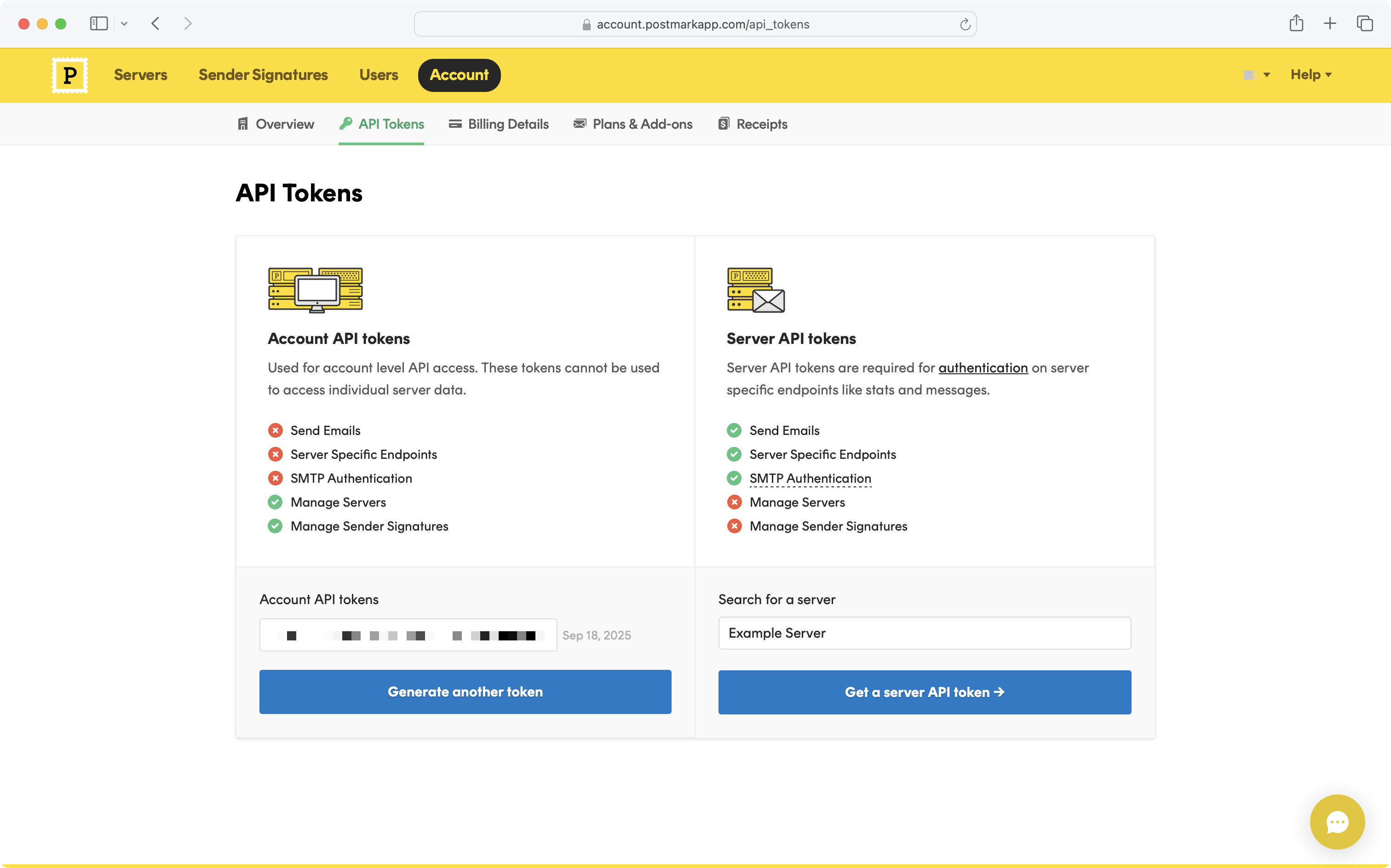 A screenshot showing the Postmark API Tokens page