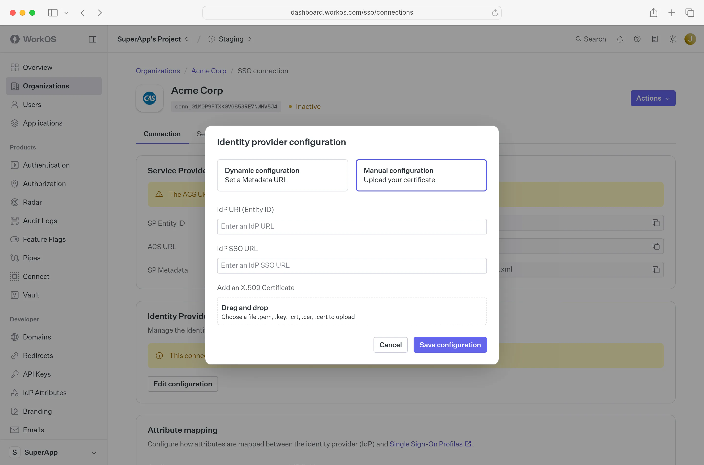 A screenshot showing the input fields for manual configuration of a CAS SAML connection in the WorkOS Dashboard.