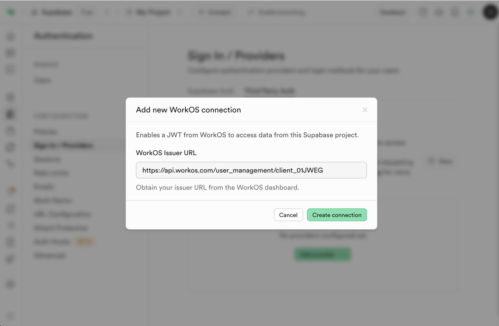 Supabase WorkOS Connection dialog