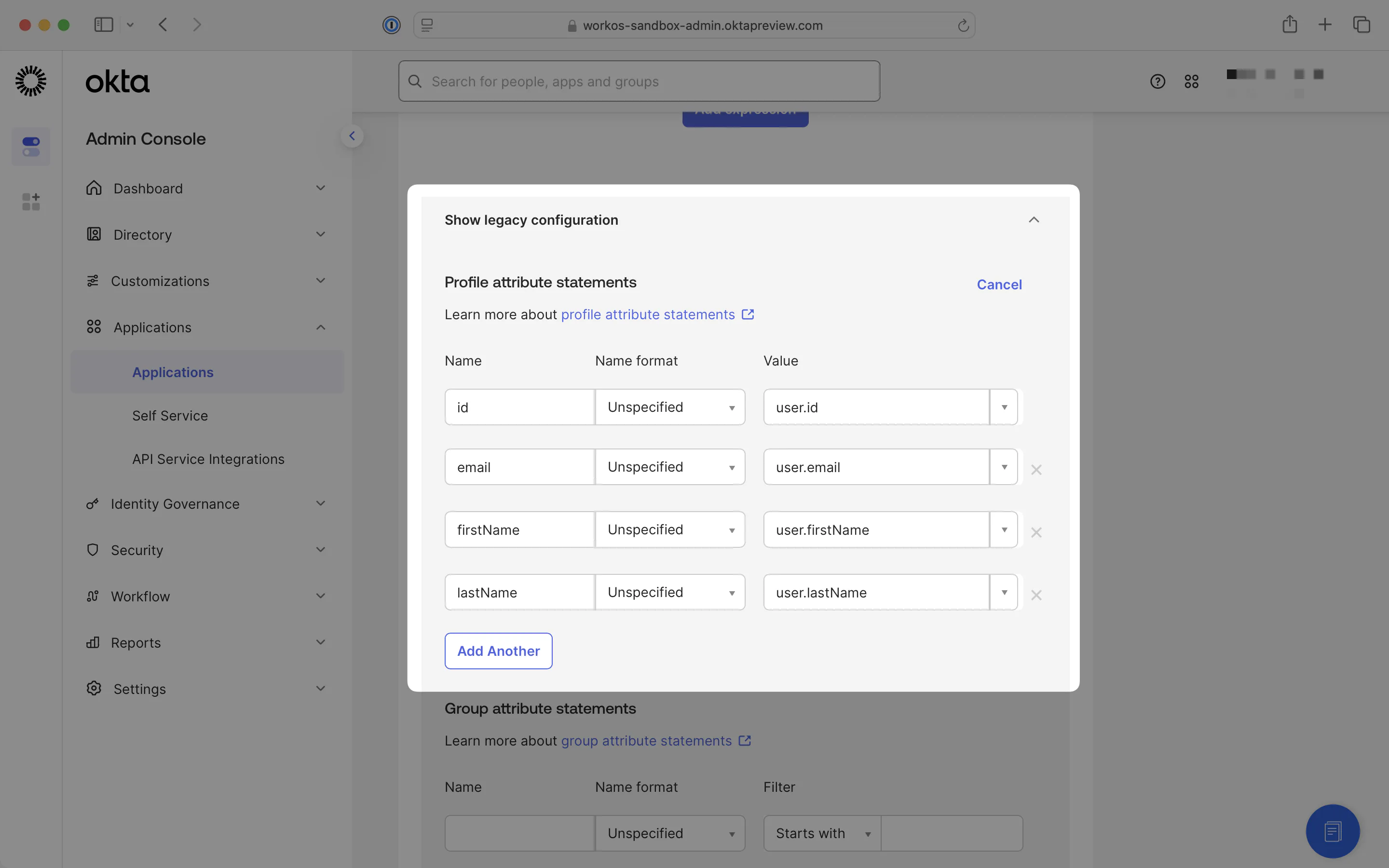 A screenshot showing the “Profile attribute statements” configuration in the Okta Dashboard.