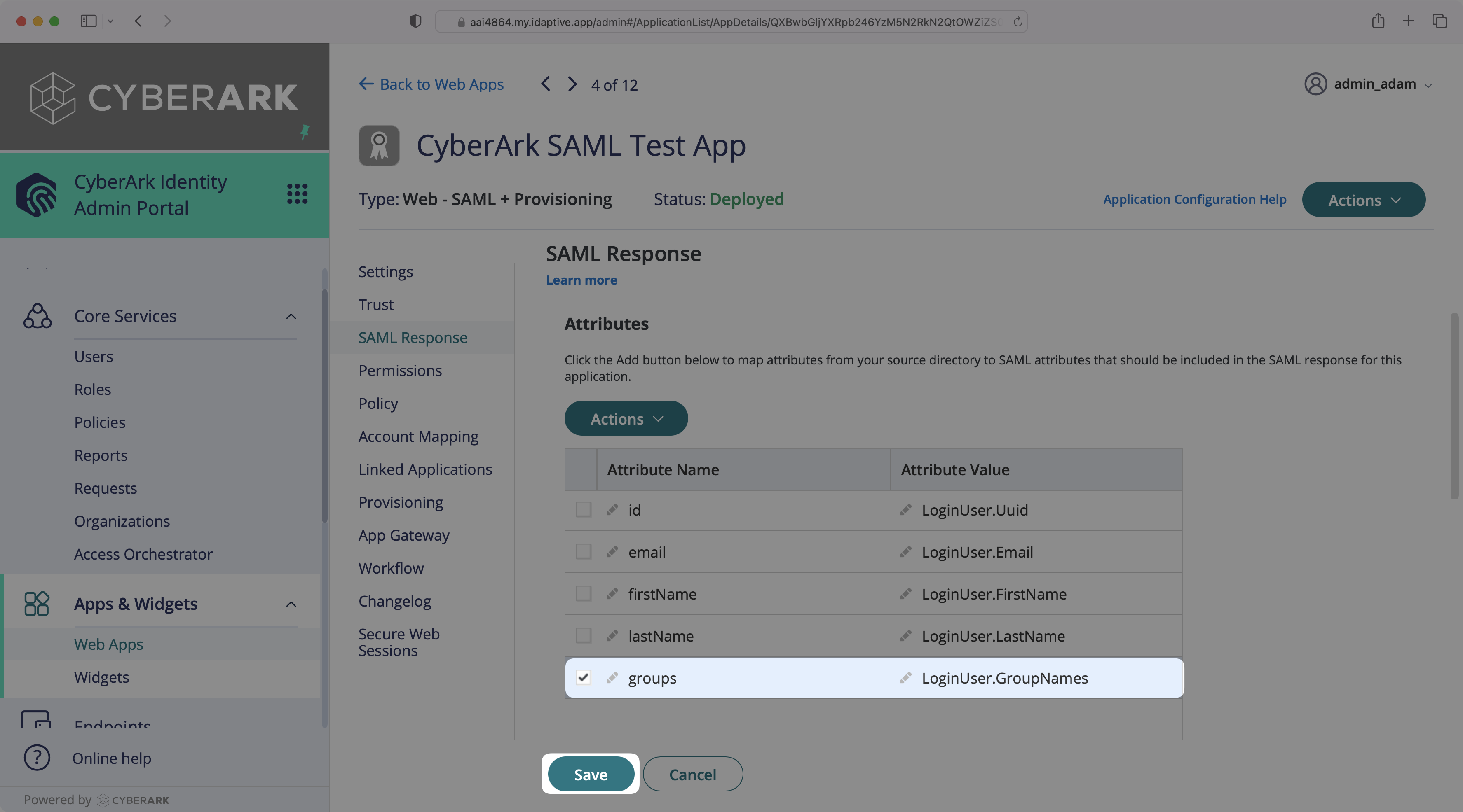 A screenshot showing the groups attribute successfully configured in CyberArk.