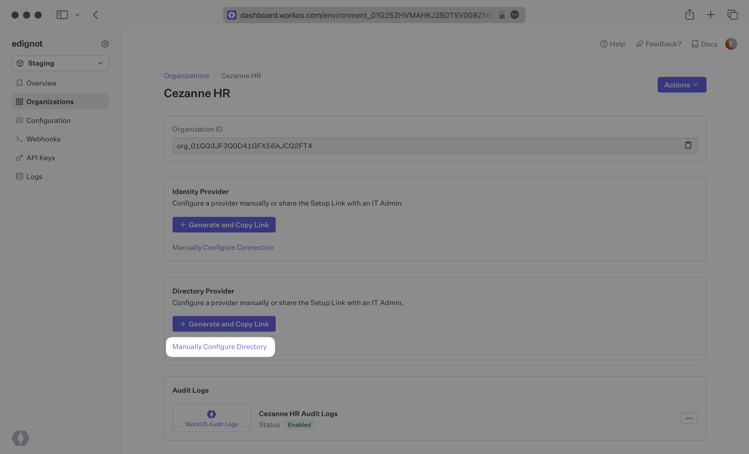 A screenshot showing where to find "Manually Configure Directory" button for an organization in the WorkOS dashboard.