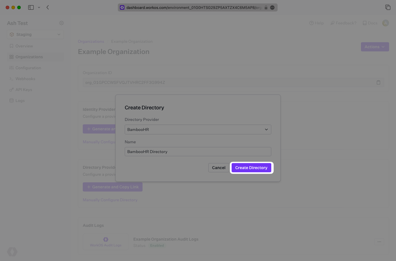 A screenshot showing "Create Directory" details in the WorkOS Dashboard.