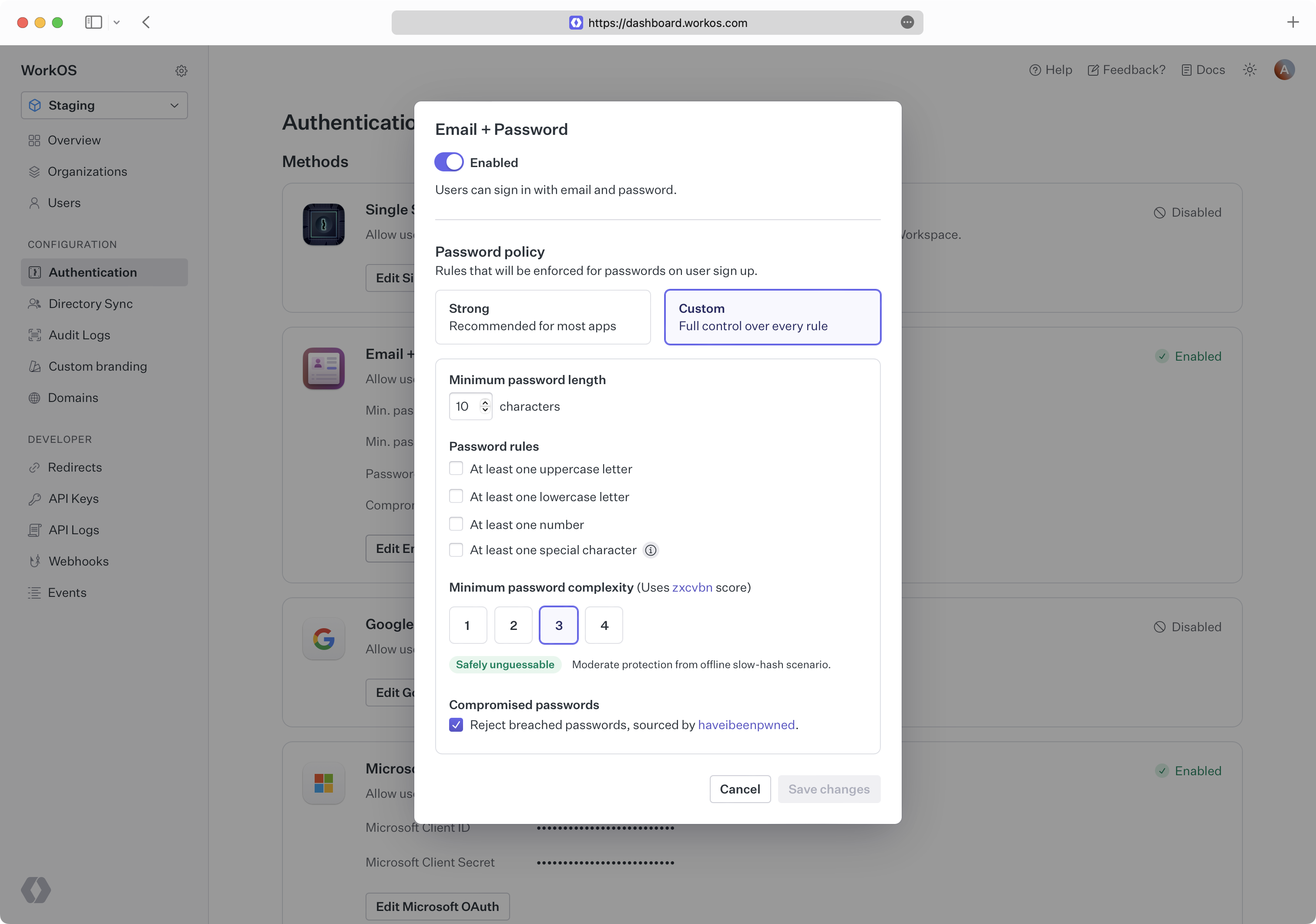 Dashboard password strength policy