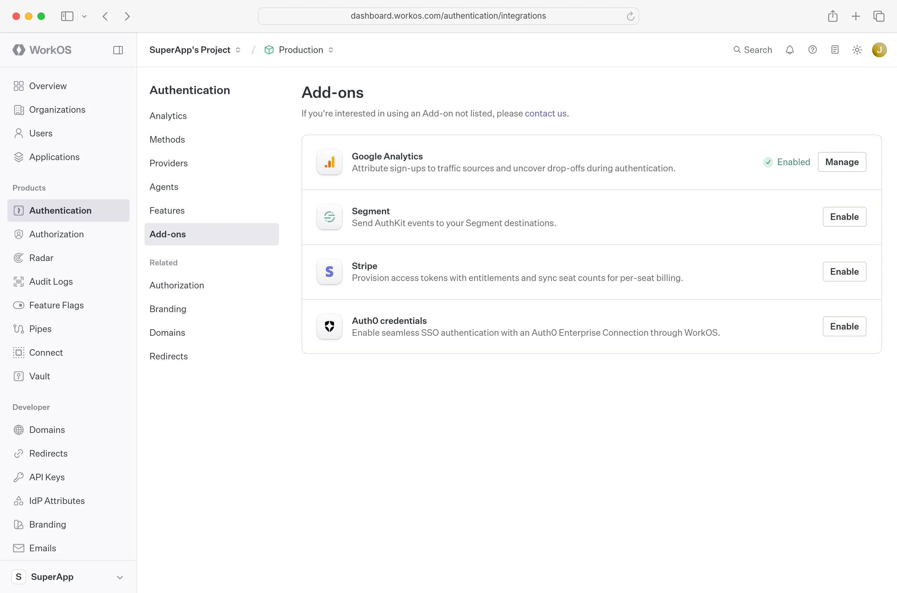 Google Analytics AuthKit Add-on enabled in the WorkOS Dashboard