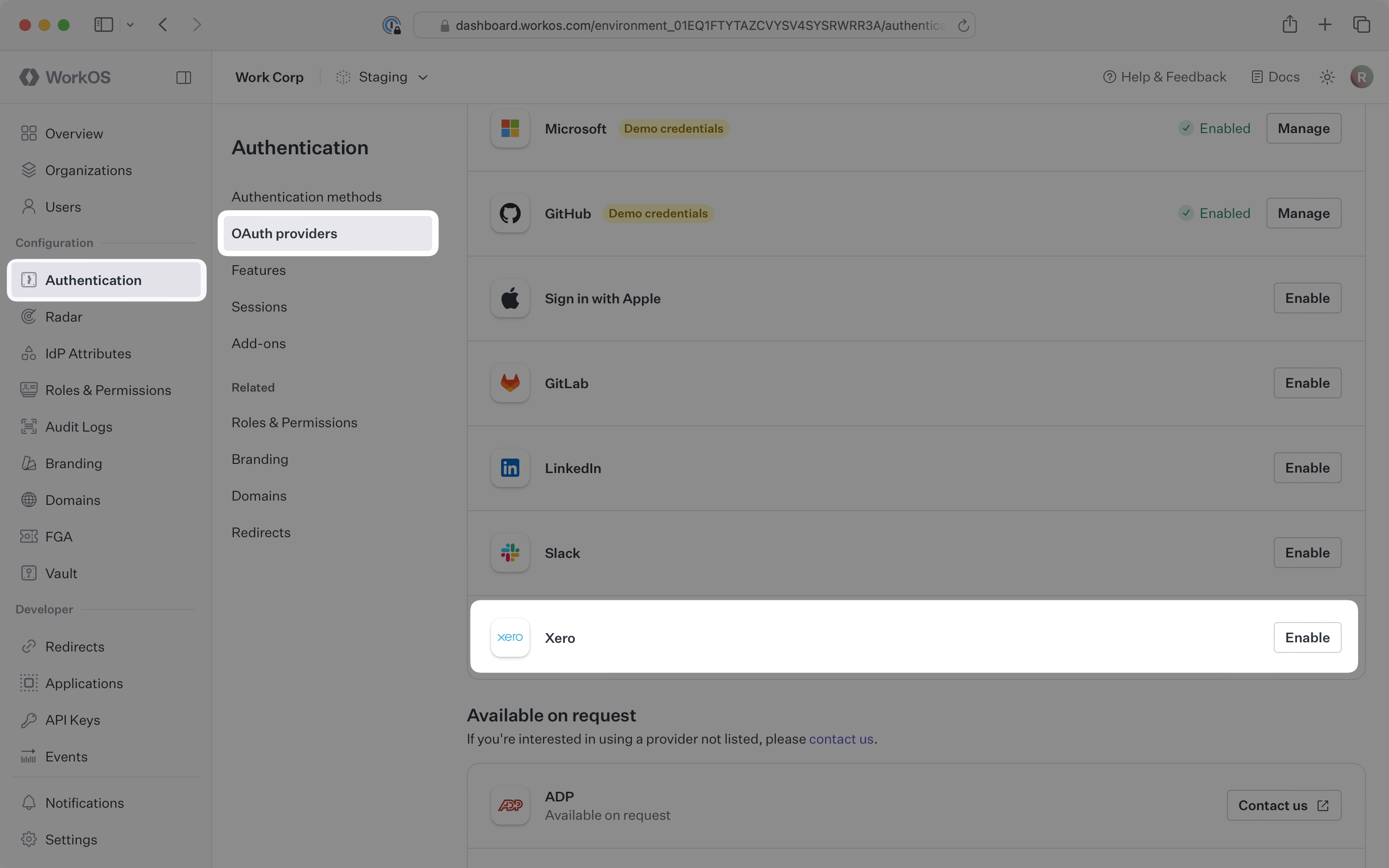 The Xero OAuth section in the WorkOS Dashboard.