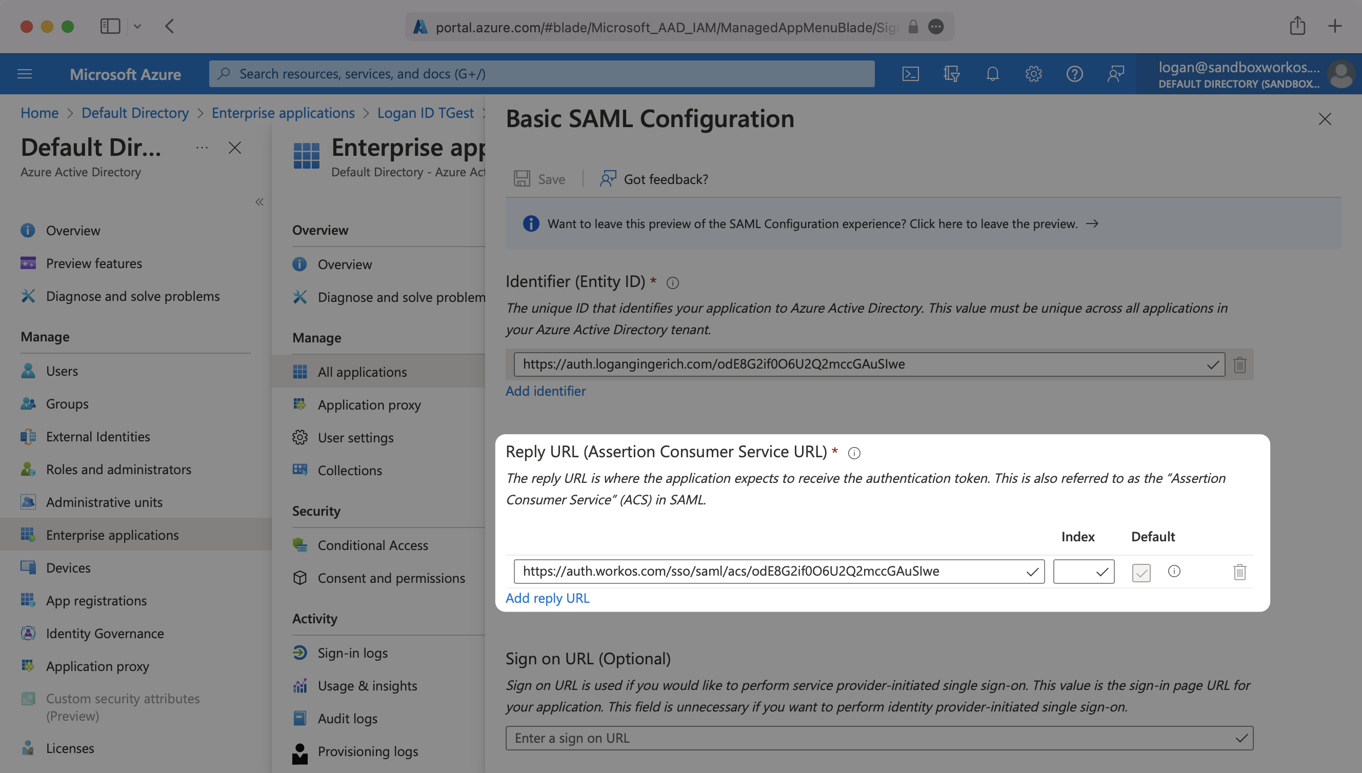 A screenshot showing the location to place the WorkOS ACS URL in the Azure Dashboard.