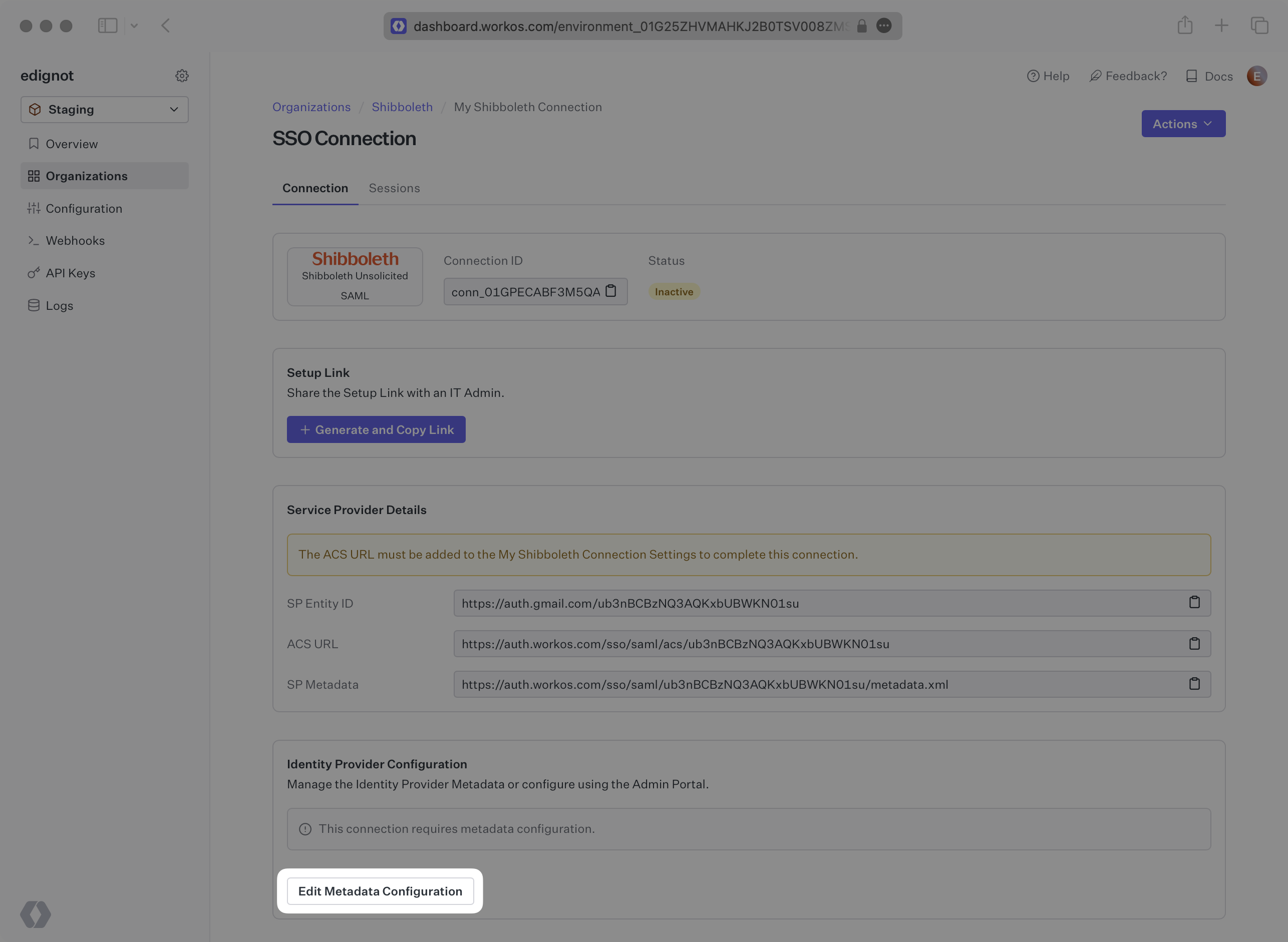 A screenshot showing where to edit the IdP metadata URL in the WorkOS dashboard.