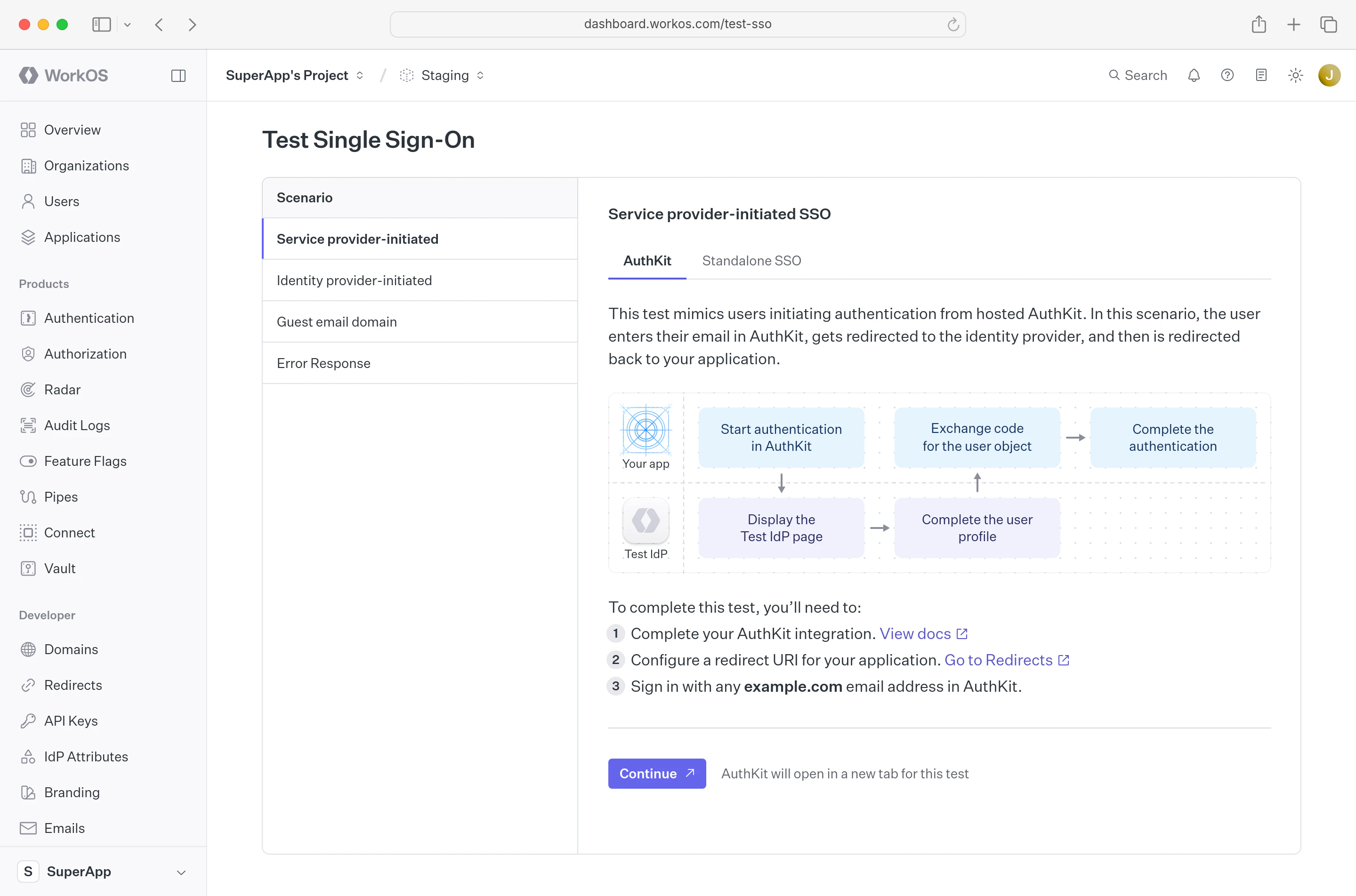 Test SSO WorkOS Dashboard