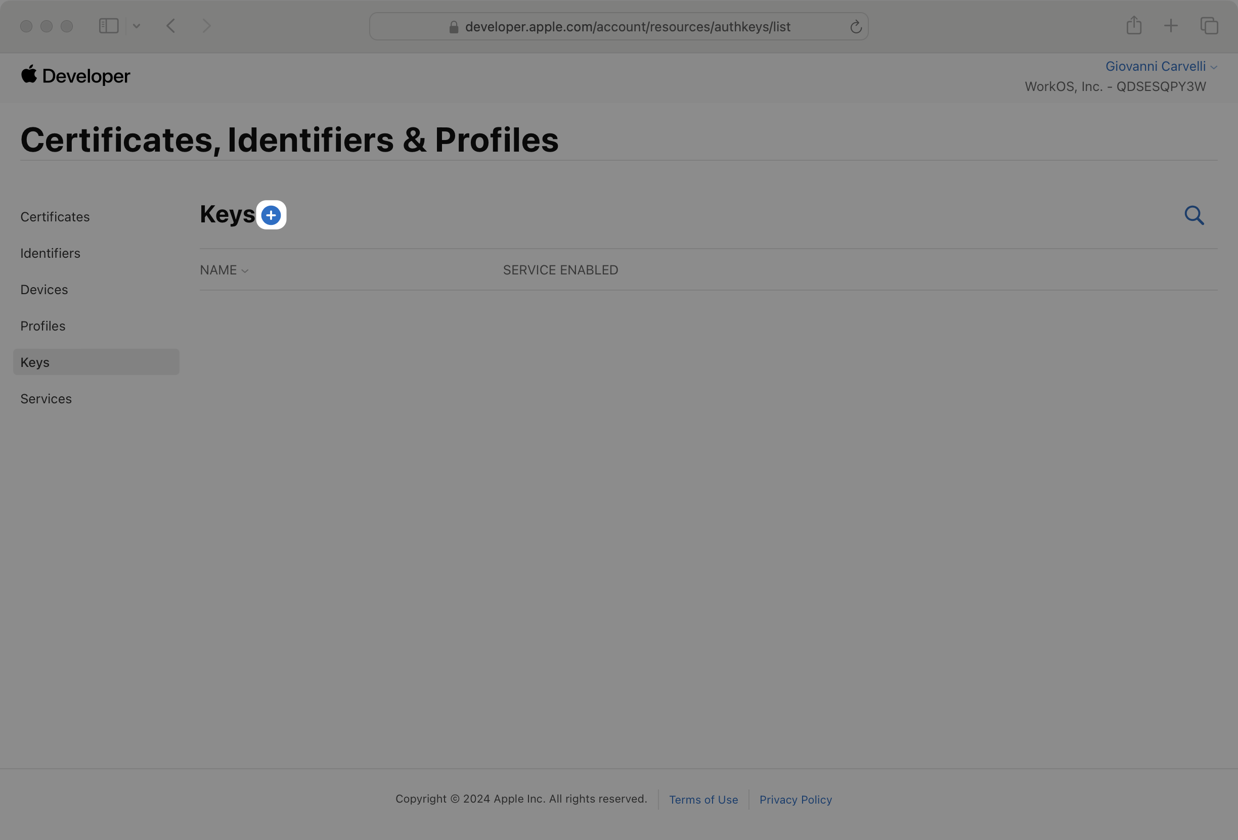 Keys page in the Apple Developer dashboard with Create Key plus button highlighted.