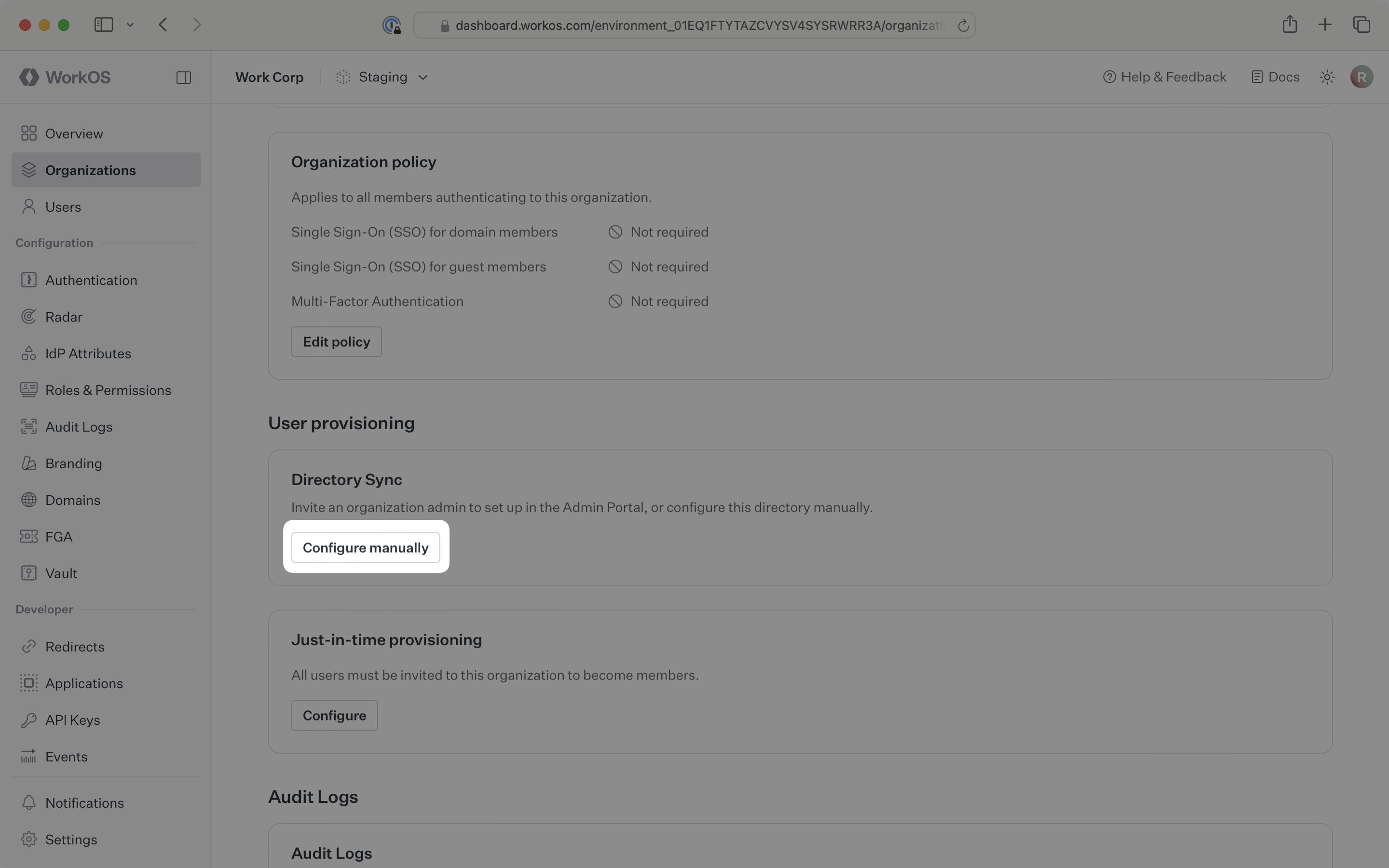WorkOS Dashboard showing directory sync card with configure manually button highlighted