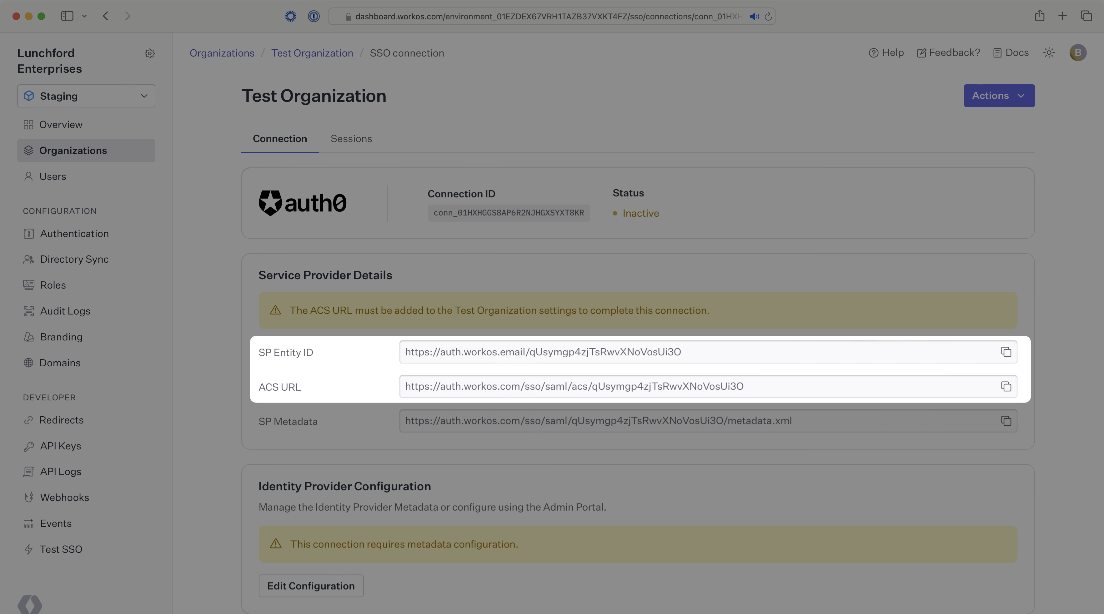 A screenshot showing where to find the ACS URL and SP Entity ID in the WorkOS Dashboard.