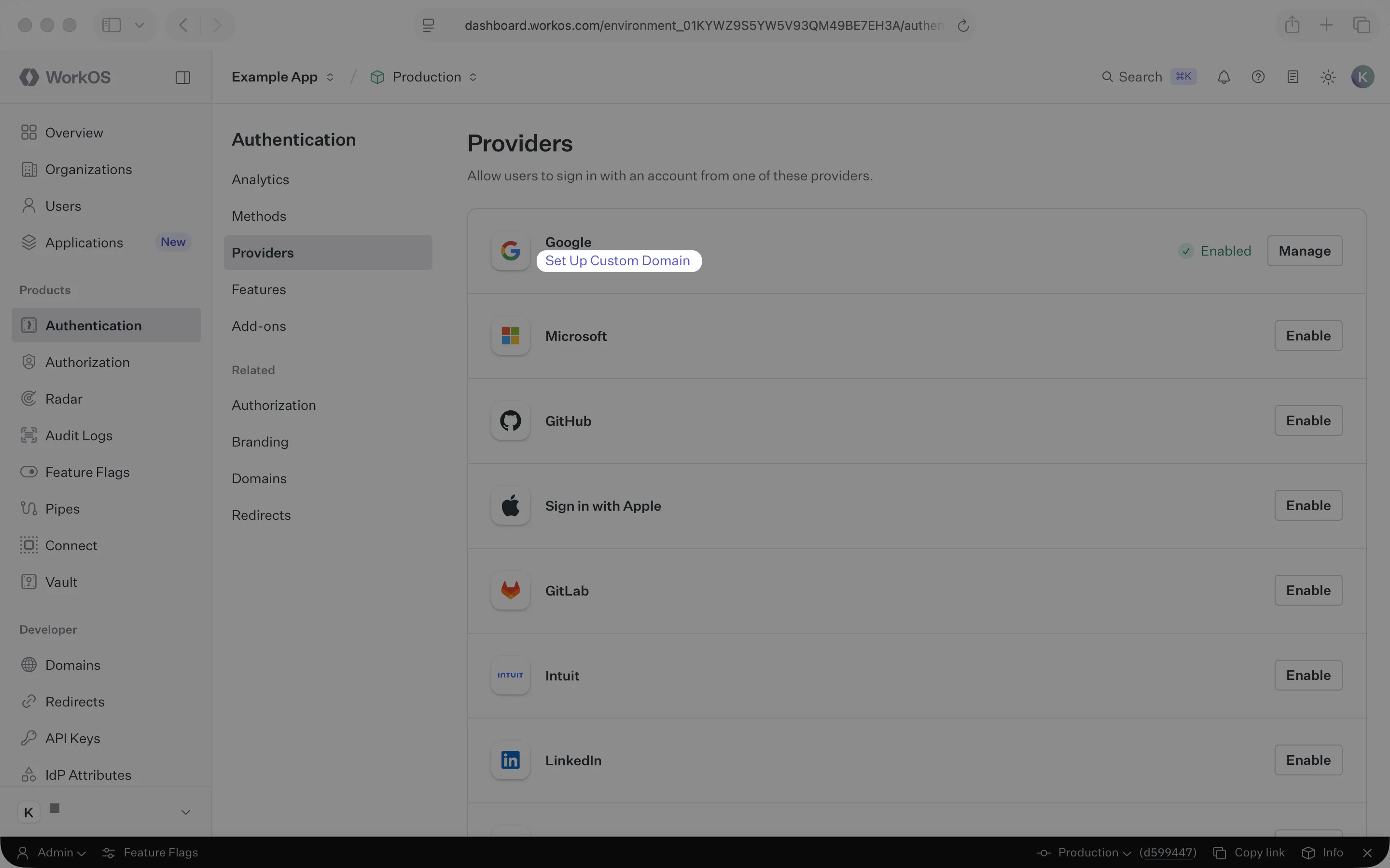 Picture showing Set Up Custom Domain button in the WorkOS Dashboard.