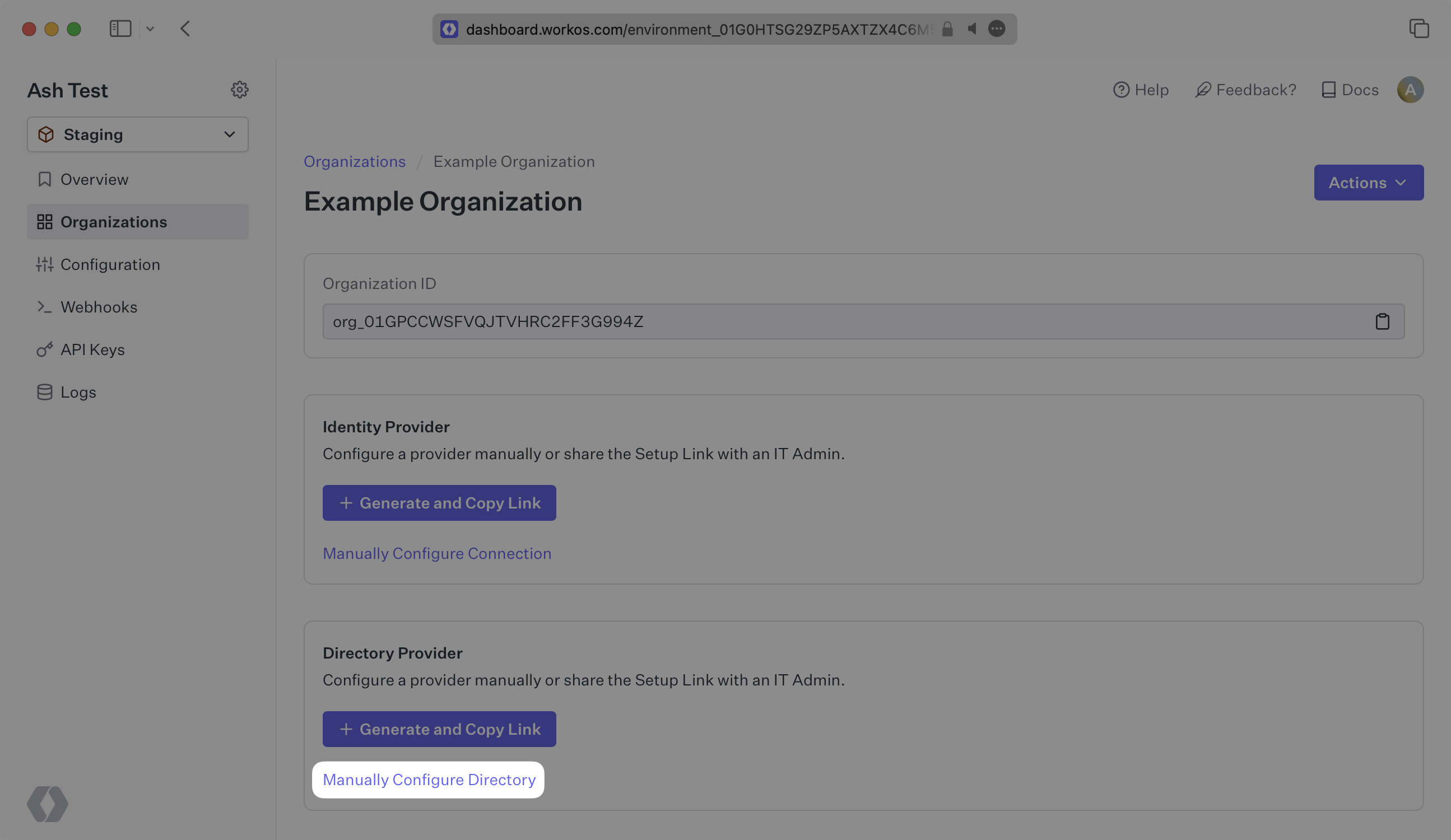 A screenshot showing where to find “Manually Configure Directory” for an Organization in the WorkOS Dashboard.